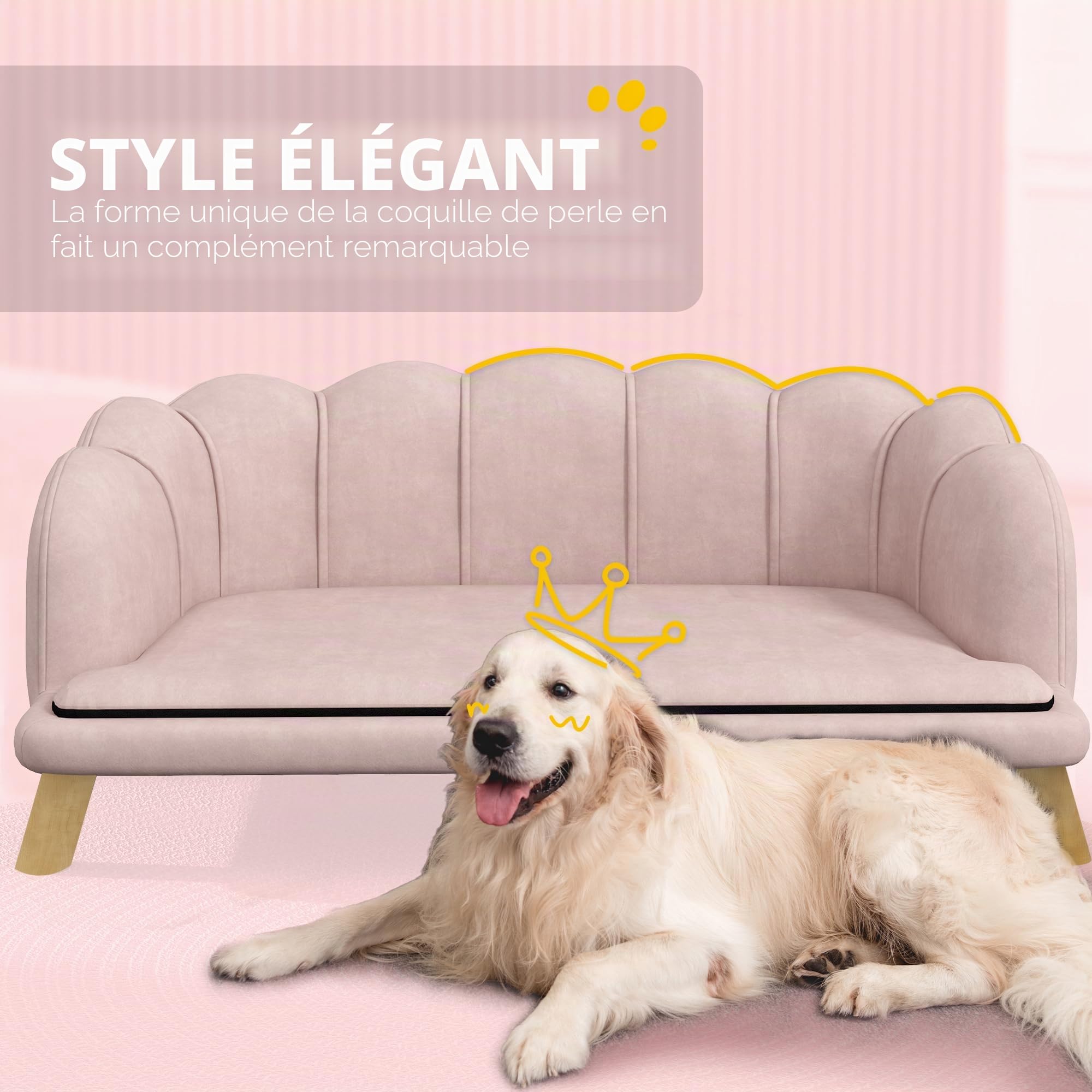 PawHut Canapé pour Chien Housse Lavable avec Dossier et Pieds en Bois, pour Chiens de Taille Moyenne Moins de 25 kg, Rose