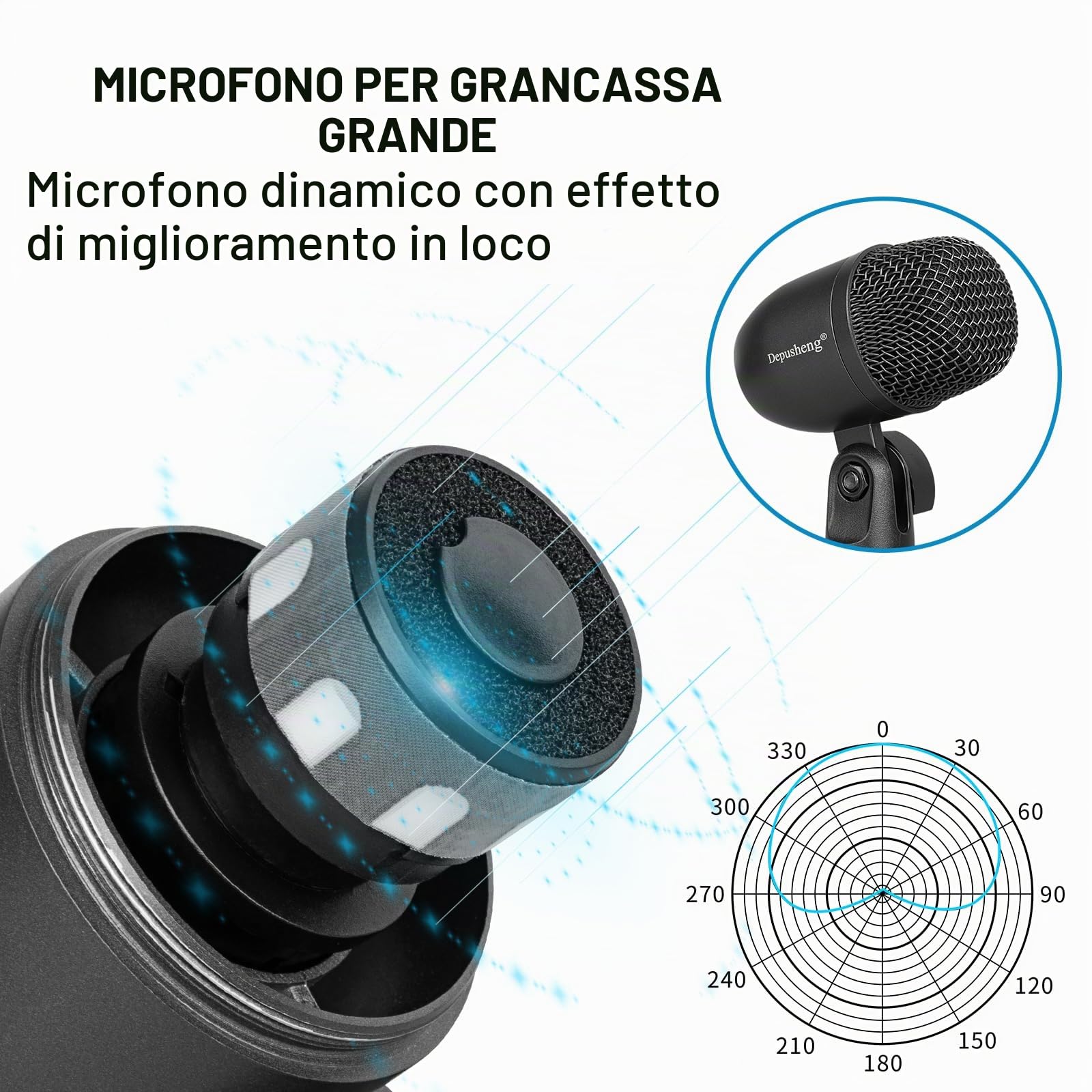 Depusheng Set microfono per batteria da 7 pezzi Con 5 microfoni dinamici a percussione e 2 microfoni a condensatore a percussione Ideale per la registrazione di strumenti e la produzione musicale