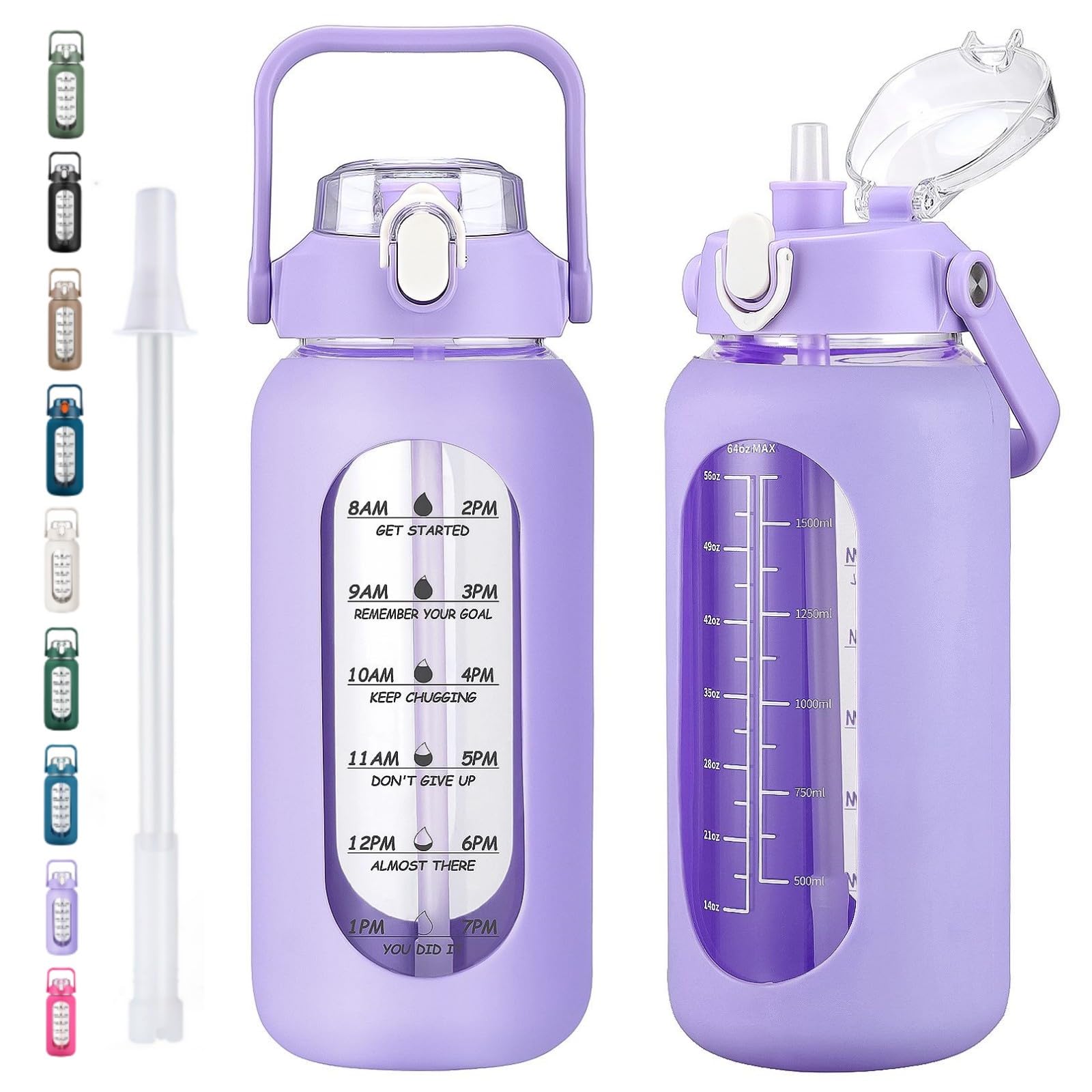 kytffu 64oz Glass Water Bottles with Straw, Half Gallon Motivational Glass Bottle with Silicone Sleeve and Time Marker, 2L Leakproof Large Glass Water Jug for Gym Home Office, Purple