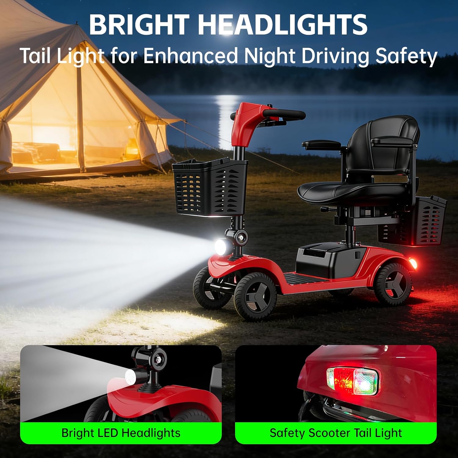 Mobility Scooter for Seniors,Motorized Scooter,Electric Scooter for Adults 300 lbs,Detachable Battery,Dual Baskets and Rear Tail Lights(Red)