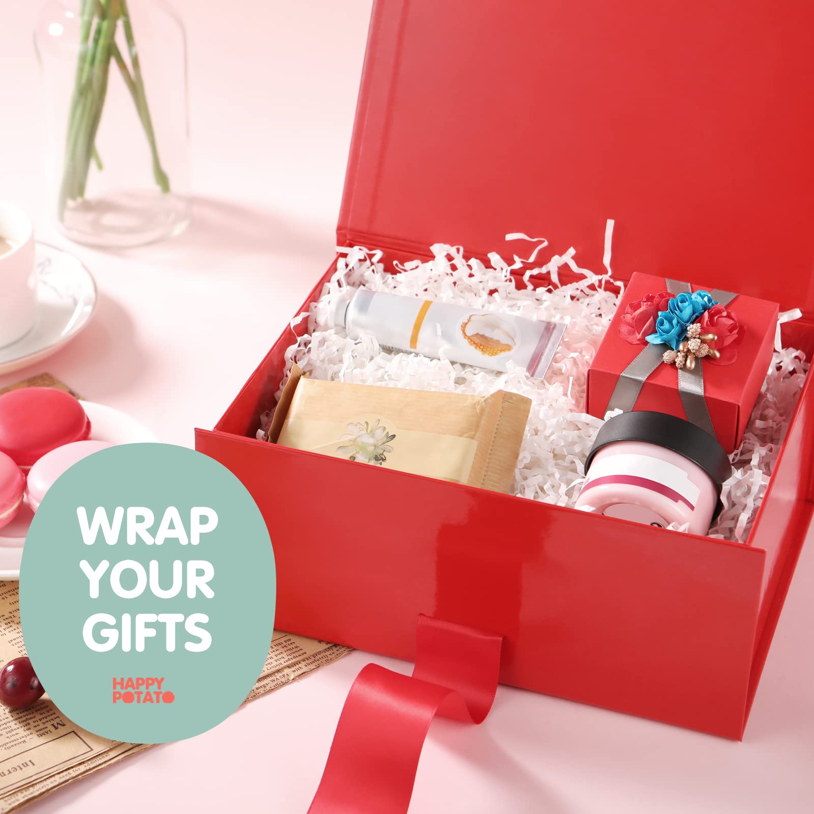 HAPPY POTATO 5 cajas de regalo con cinta de 9.5 x 7 x 4 pulgadas, cajas de regalo rojas navideñas con tapas, cajas de regalo plegables, cajas de regalo con cierre magnético para todas las ocasiones