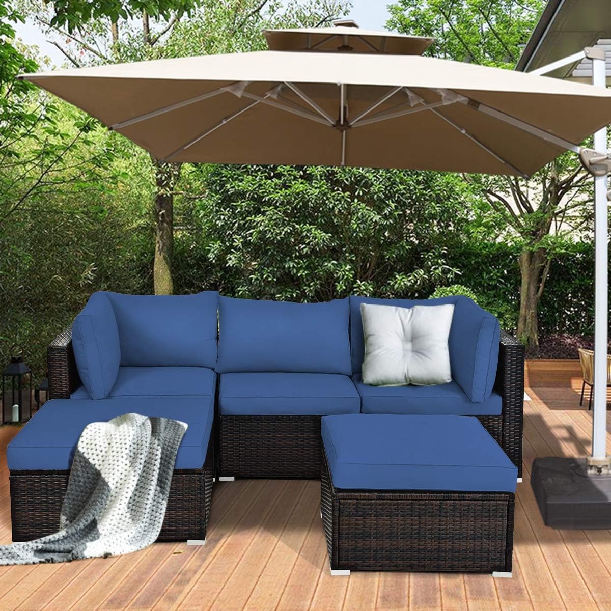 DORTALA 5 Pieces Patio Rattan Furniture Sets, Sectional Sofa Conversation Set w/Steel Frame & Sponge Cushions, Modern Wicker Combination Sofa Set w/Ottoman & Table for Garden Lawn Balcony, Navy