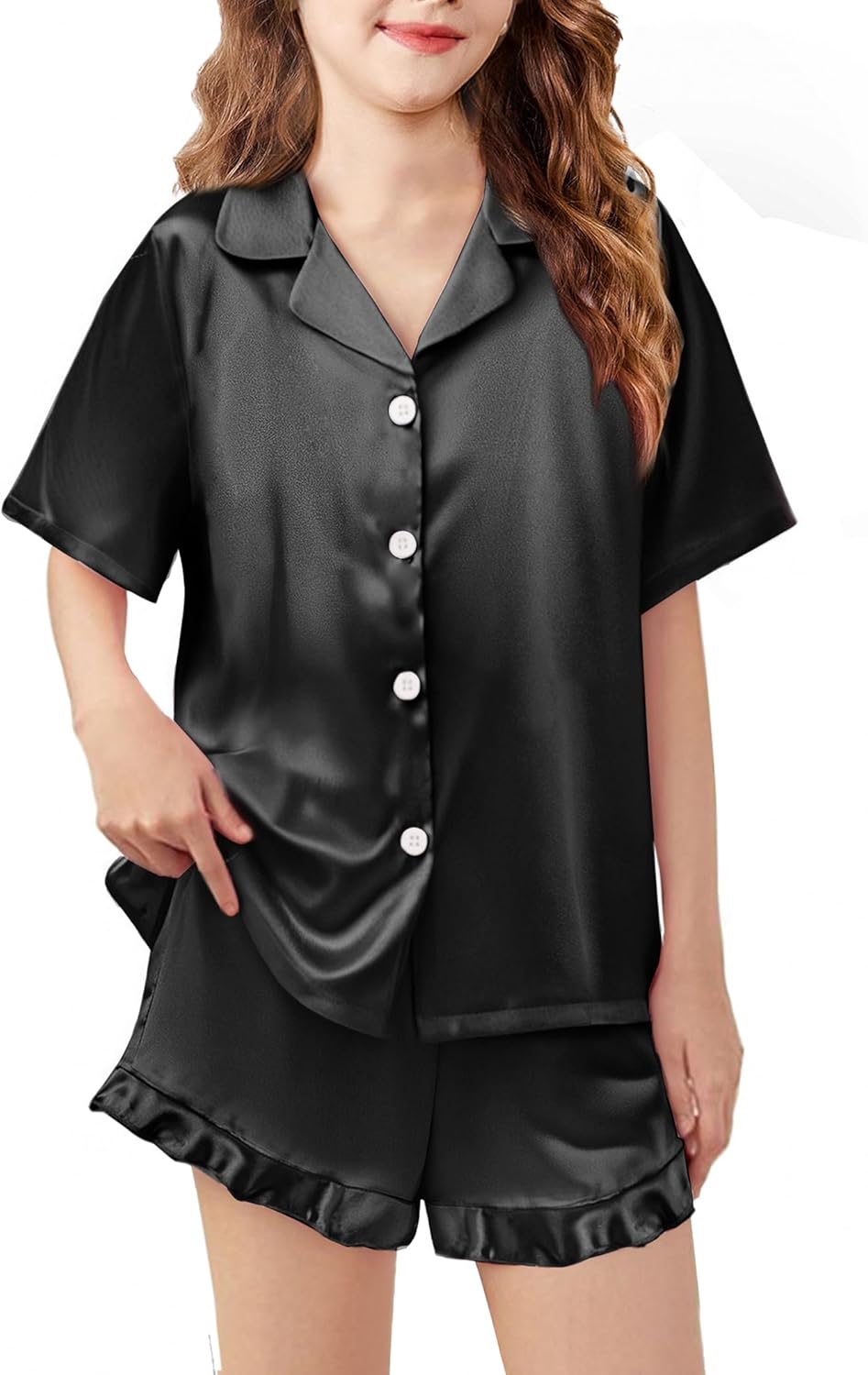 Arshiner Girls Pajamas Silk Satin Pajama Set 2 Piece Button Down Pjs Ruffle Sleepwear