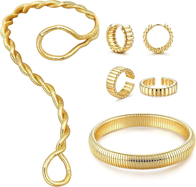 Gold Statement Jewelry Set for Women 14K Gold Plated Choker Necklace Chunky Bangle Bracelet Stackable Knuckle Rings Hypoallergenic Hoop Earring Stack Trendy Jewelry Sets Fashion Accessories for Women