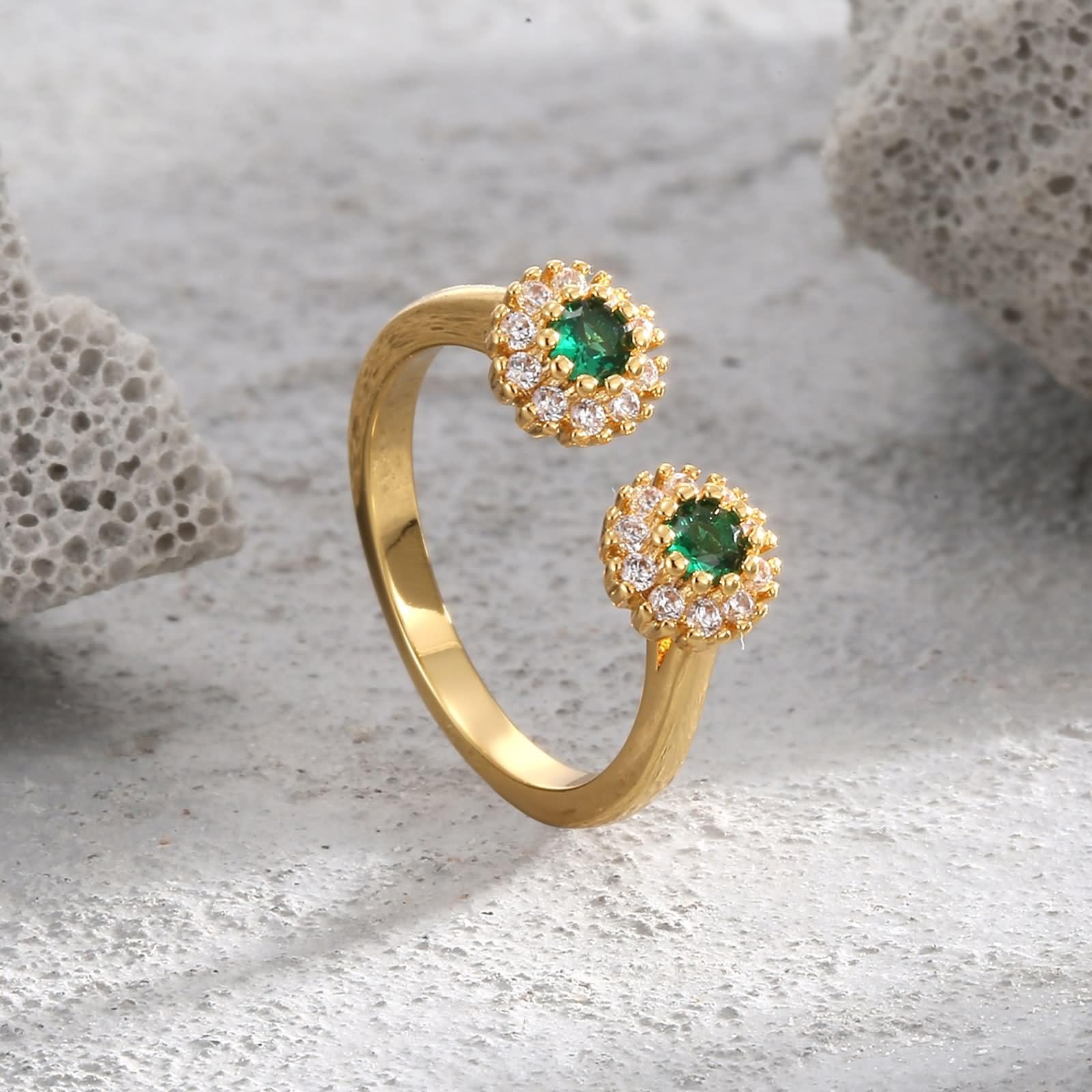 Delicado anillo para mujer, anillo de boda abierto, anillo de flores, ajustable con verde de corte redondo en laboratorio, esmeralda, oro amarillo