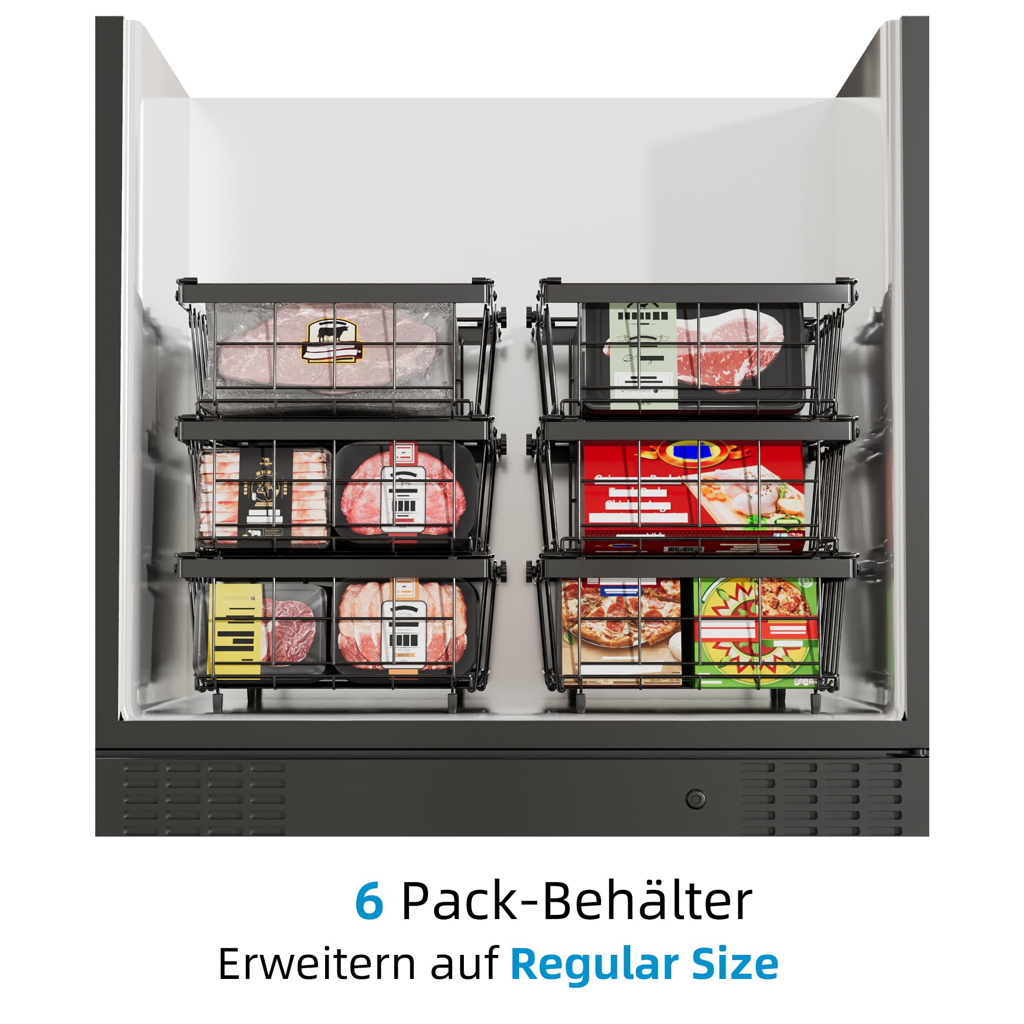 4er Stapelbar Gefriertruhe korb,gefriertruhe organizer verstellbar,gefrierschrank organizer,stapelkörbe,Schwarz, Ausziehbare Länge 29-46CM