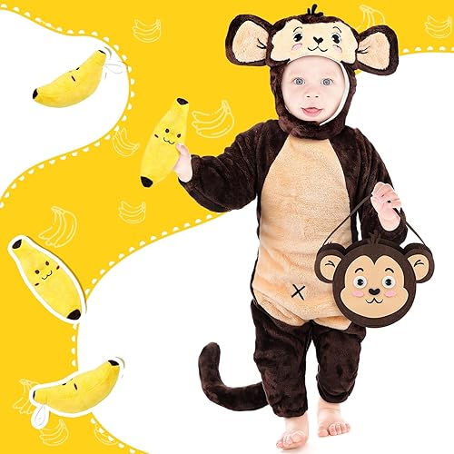 Miniatura 6 de Xtinmee Juego de 3 disfraz de mono de peluche para Halloween, incluye bolsa de juguete de plátano para fiesta de disfraces de Halloween