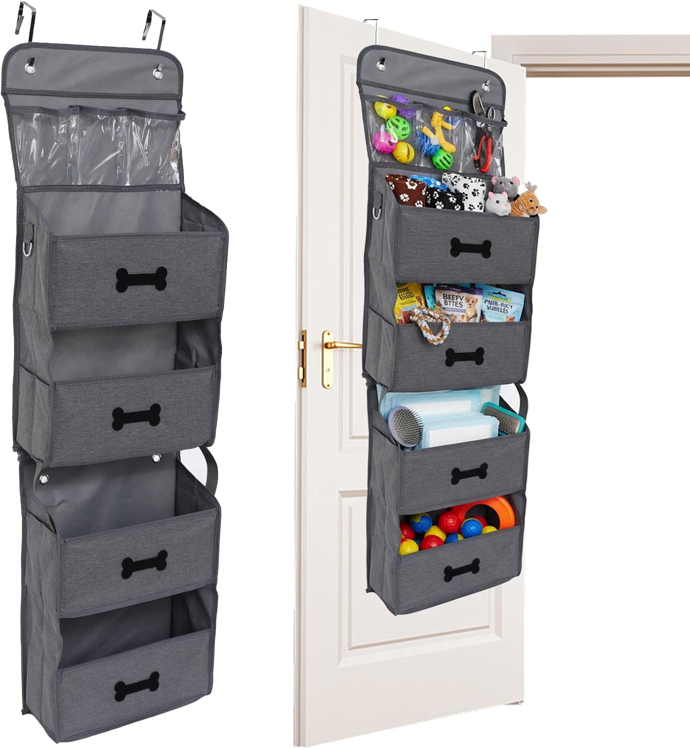 4-Shelf Dog Storage Organizer for Dog Toys,Over Door Basket for Pet Stuff with 2 Metal Hooks,4 Large Pockets for Dogs Leash,Harness,Toys,Treats-with DIY Tag-48''(Height)-Grey