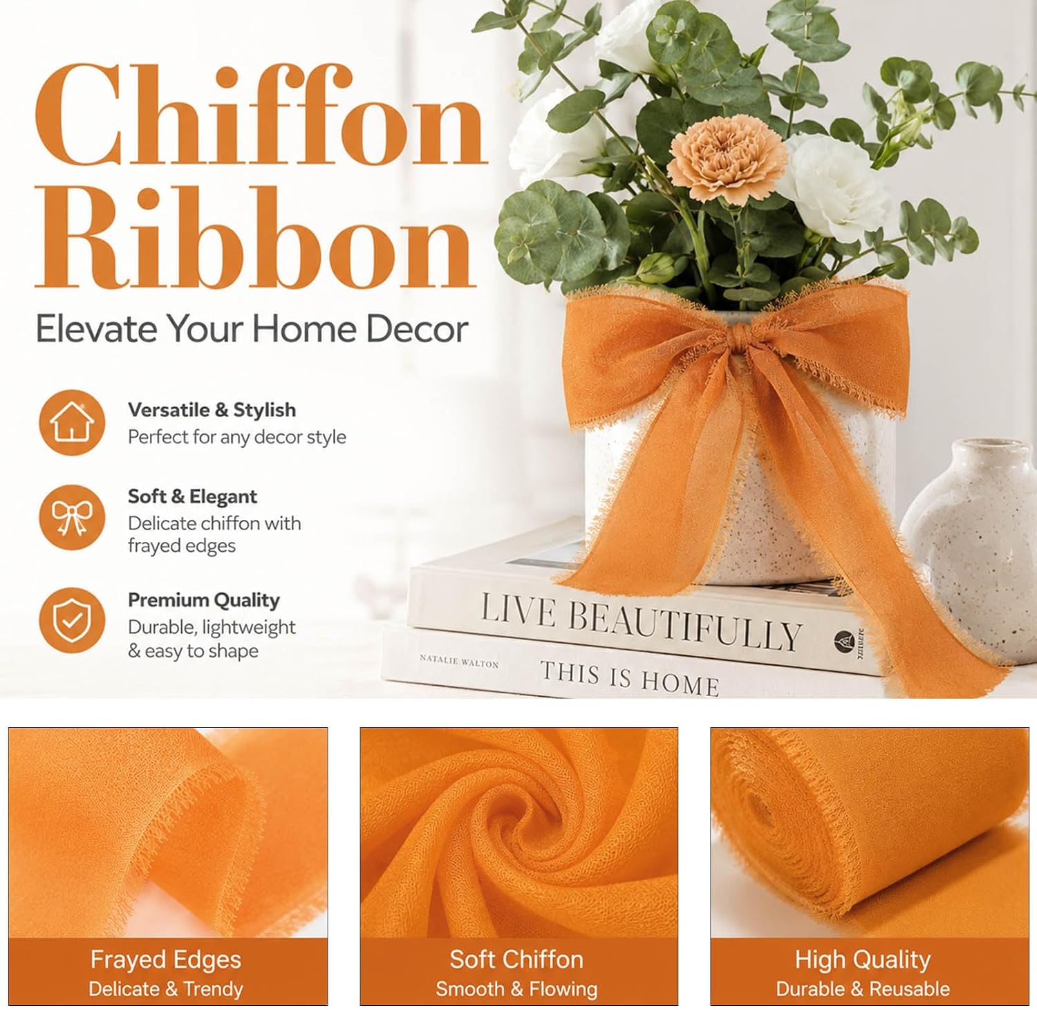 Orange Chiffon Ribbon, 3 Rolls 1.5 inch x 16.5 Yard Handmade Fringe Chiffon Ribbons, Frayed Edge Silk Ribbon for Gift Wrapping, Wedding Invitations, Bridal Bouquets, DIY Crafts and Home Decor