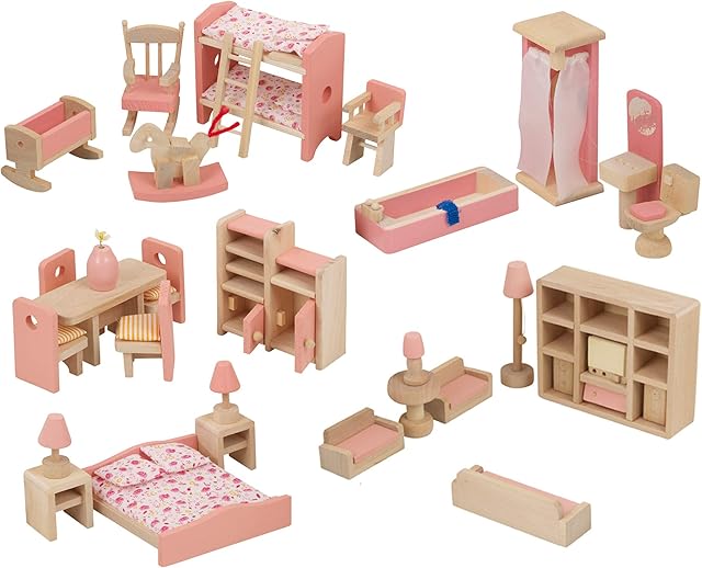 URBN-TOYS Children Wooden Doll House Furniture Gift Toy Sets (One Of Each)