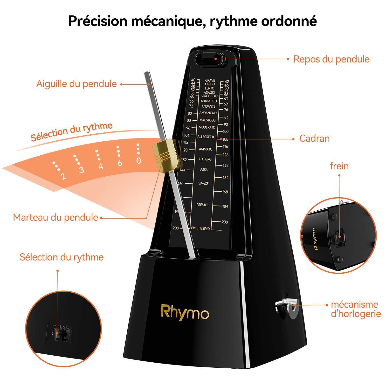 Rhymo Métronome Mécanique à Mouvement Métallique - 4 Temps Précis, 40-208 BPM - pour Guitare, Piano, Tambour & Violon, Son Rythme Fort et Clair, Idéal pour Débutants (Noir)