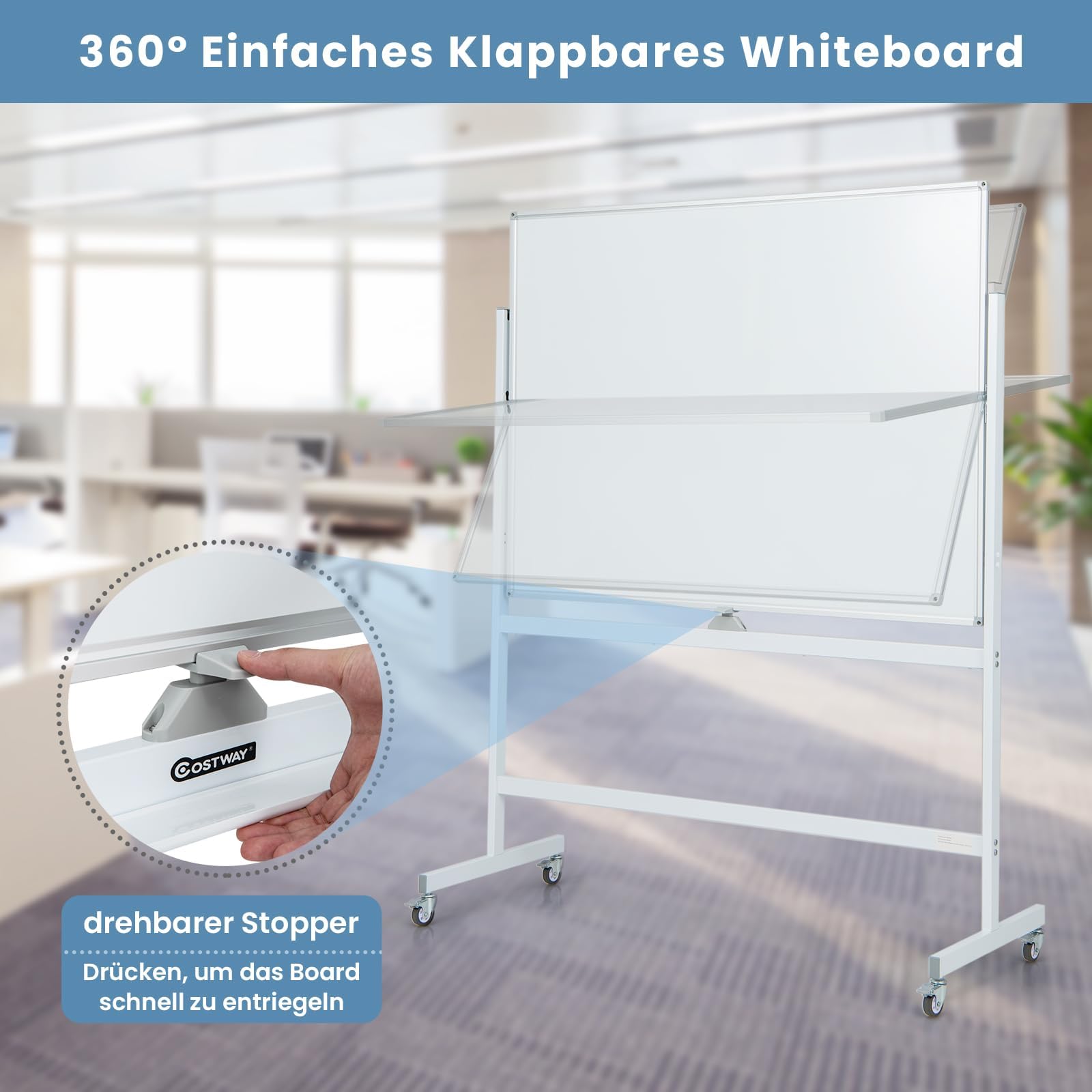 FANTASK Doppelseitiges mobiles Whiteboard, 120 x 90 cm, Trocken abwischbares magnetisches Whiteboard mit Gittermuster, Rollen, Ständer und Stiftablage, inkl. Zubehör für Büro, Zuhause (Weiß)