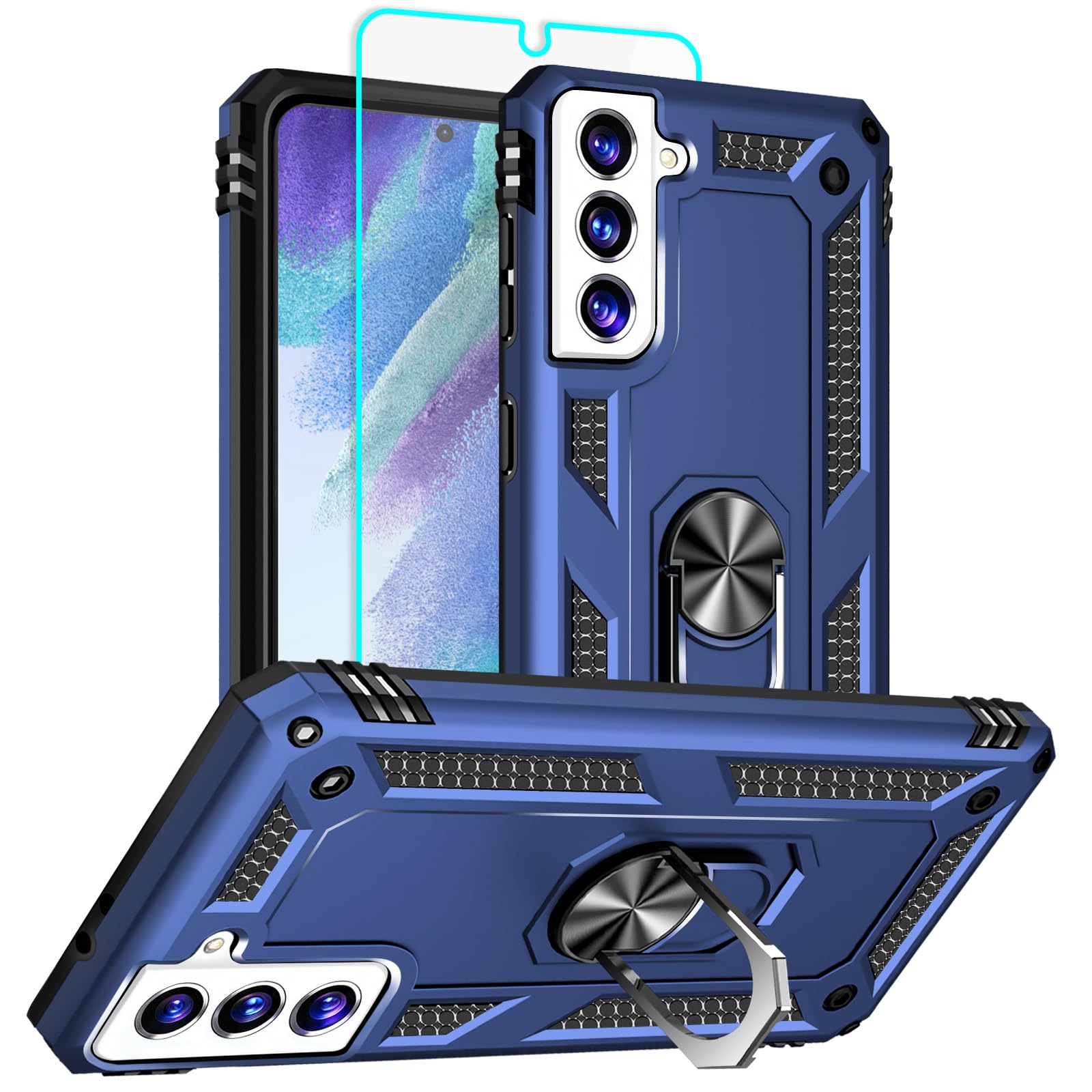 HNHYGETE for Galaxy S21 FE 5G Case with Screen Protector: 360°Grade Rotatable Kickstand (Non-Slip) Military-Grade Drop and Shock Protection - Case for Samsung Galaxy S21 FE (Blue)
