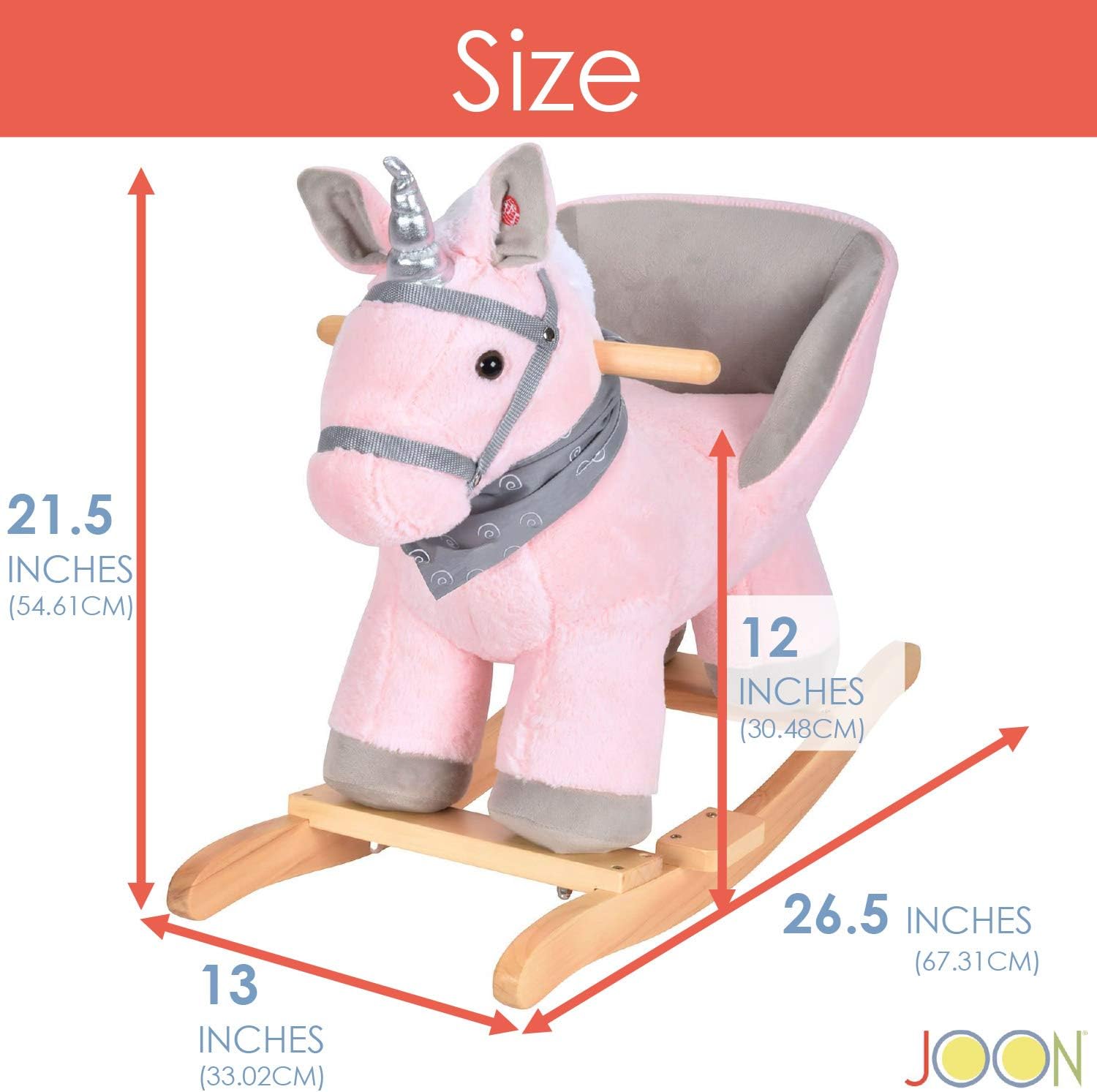 JOON Luna Rocking Horse Unicorn with a Spiral Scarf, Great For Childhood Development, Soft Materials Wooden Construction, Fun Musical Sounds, White Mane with Twisted Silver Horn, Pink-Gray [VERSION 2]