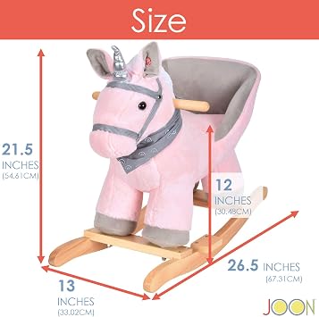 JOON Luna Rocking Horse Unicorn with a Spiral Scarf, Great For Childhood Development, Soft Materials Wooden Construction, Fun Musical Sounds, White Mane with Twisted Silver Horn, Pink-Gray [VERSION 2]