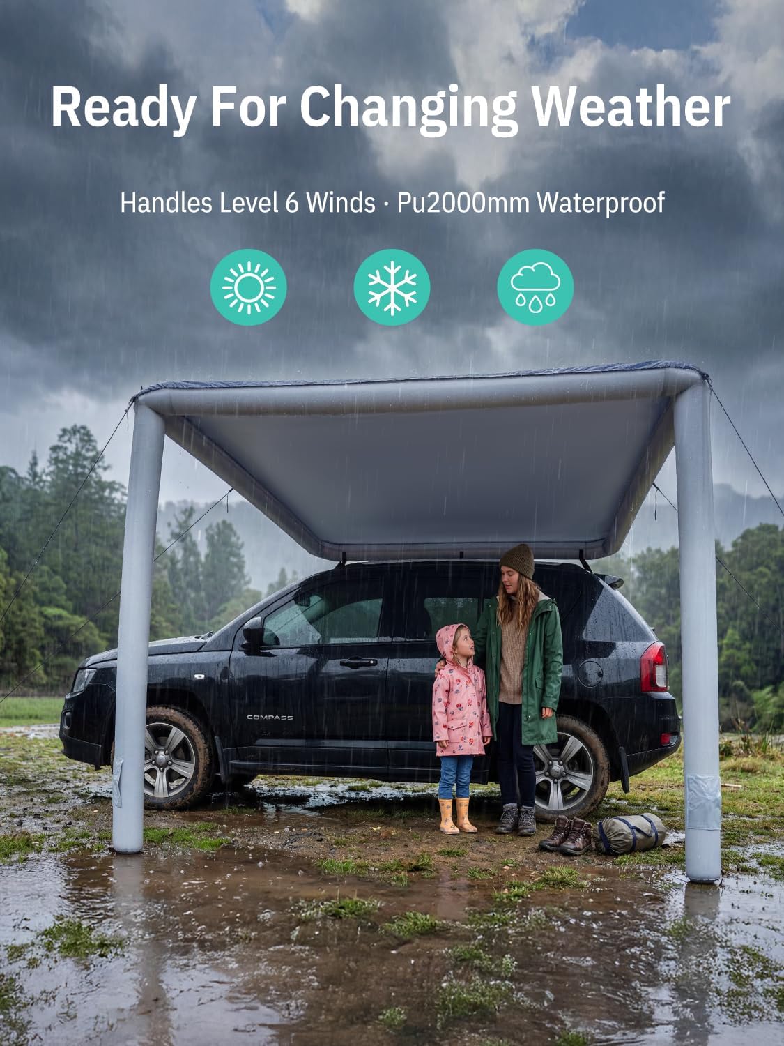 Niphean Car Awning for SUV, Truck & Van, 2-Min Quick Setup Vehicle Awning, No Roof Rack Required, Inflatable Rooftop Camping Sun Shade 8.2’ x 6.5’, Waterproof UV50+, Durable & Wind-Resistant