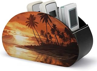 Leather Remote Control Holder with 5 Compartment All-in-One TV Remote Caddy | Remote Storage Box Tray Palm Tree Sunset Desk Storage Organizer for Living Room Bedroom Office