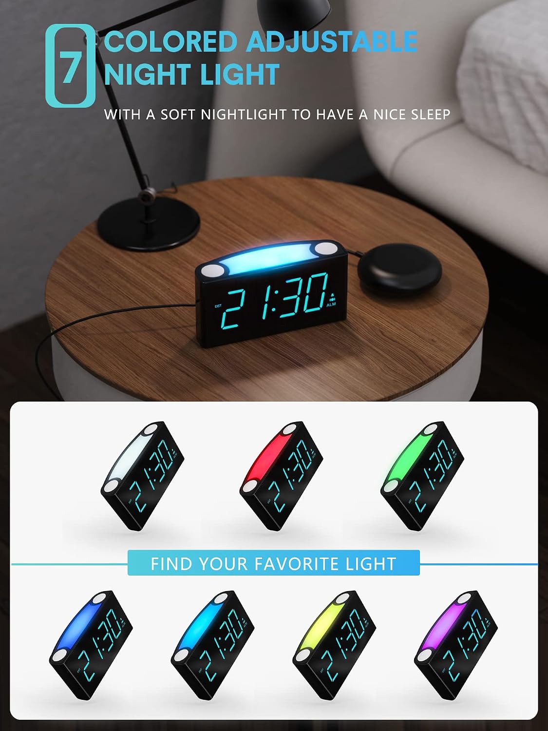 ROCAM Extra Loud Alarm Clock with Bed Shaker, Vibrating Alarm Clock for Heavy Sleepers Deaf Hearing Impaired, 7" Large Display, Dual USB Charger, 7 Color Night Light, Dimmer, Snooze & Battery Backup