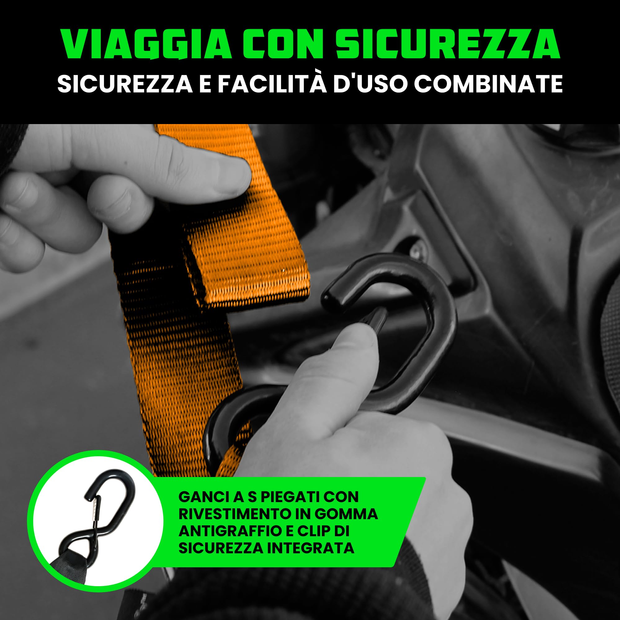 Rhino USA Cinghie a Cricchetto per Moto 1000 kg - Cinghie di Fissaggio a Cricchetto - 2 Pz - Cinghie con Ganci a S con Sicura - Cinghia a Cricchetto - per Viaggio Trasporto Trasloco - Orange