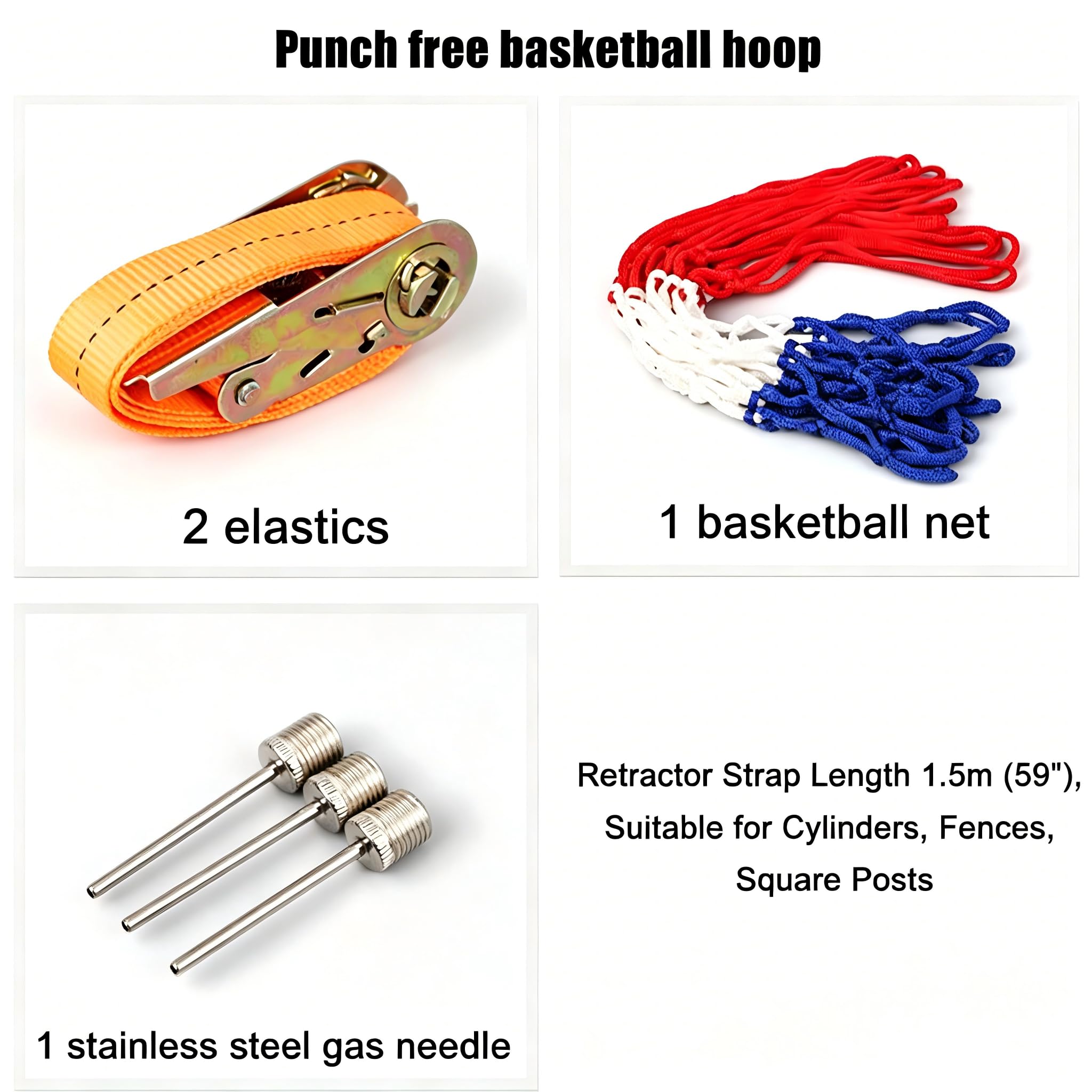 Panier de basket pour extérieur, clôture, arbre et poteau, anneau de basket réglable avec 2 sangles et filet en nylon, montage mural sans perçage, kit de sport pour jardin et camping