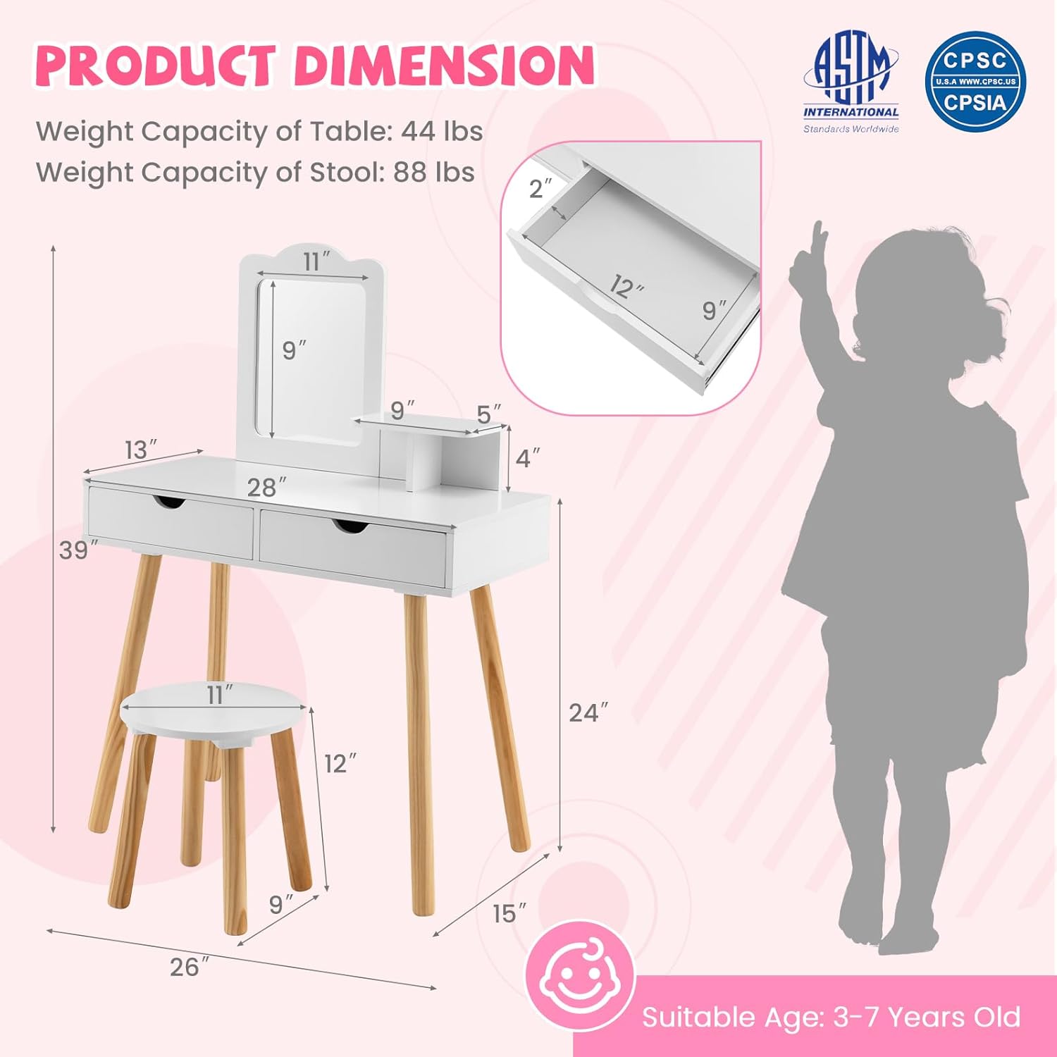 KOTEK Kids Vanity with Mirror and Stool, Princess Makeup Vanity Dressing Table with Detachable Top, 2 Large Drawers, Solid Wood Legs, Vanity Table and Chair Set for Little Girls (White)