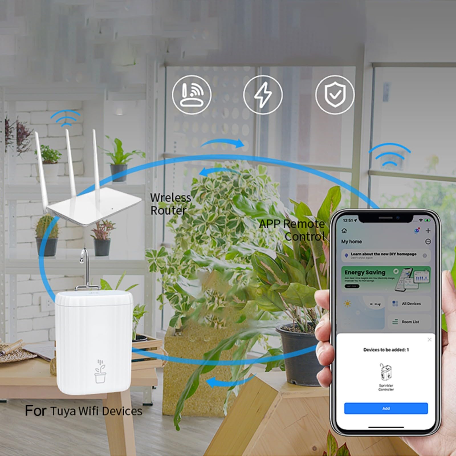 Sistema di irrigazione automatico compatibile con app Tuya, controllo WiFi a 2,4 GHz, classe di protezione IP66, irrigazione a goccia efficiente per aiuole da giardino