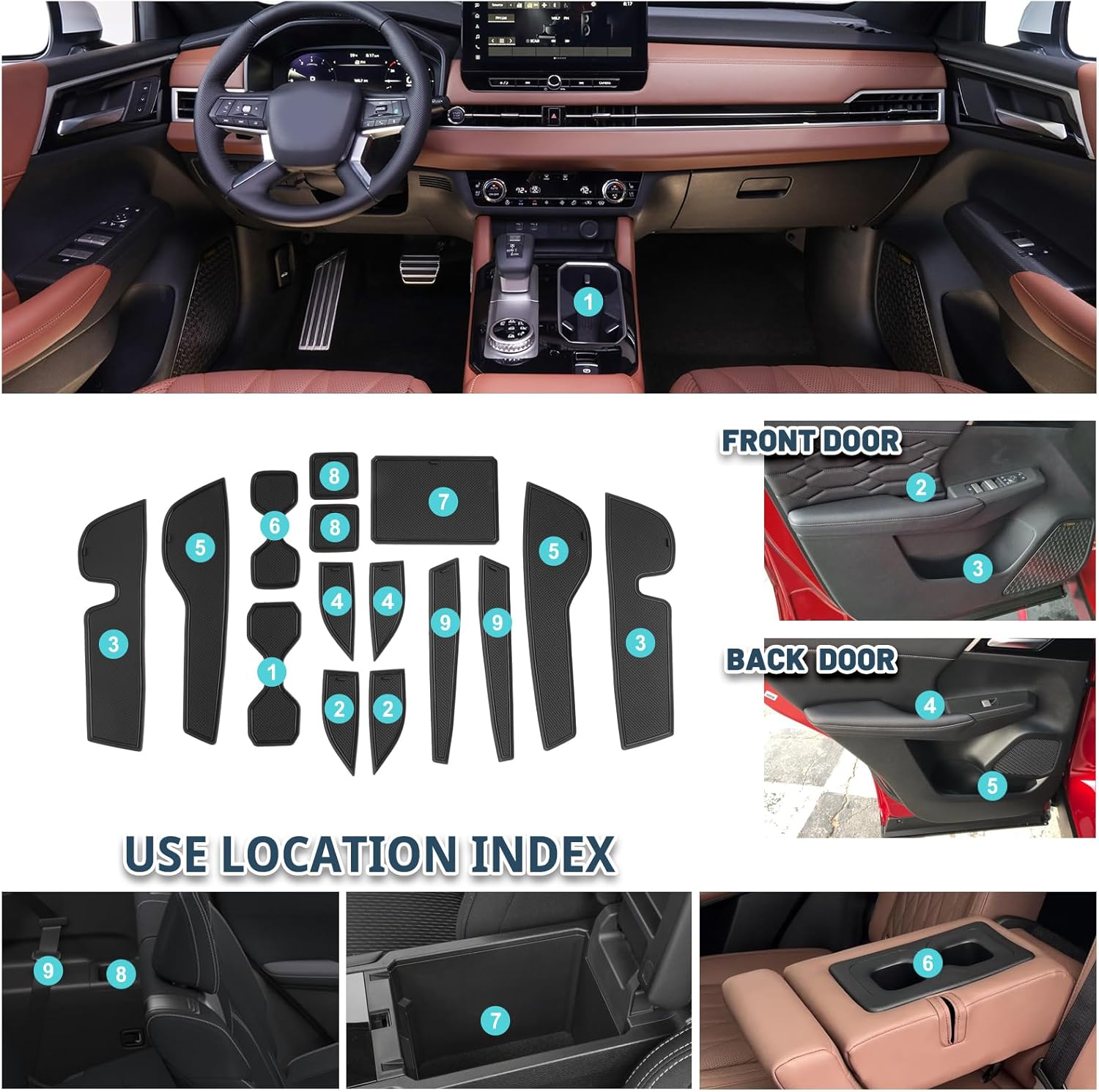 Door Slot Mats for 2025 Mitsubishi Outlander Accessories 15PCS/Sets Anti-Slip Interior Mats Center Console Liner Compatible with 2025 Mitsubishi Outlander ES/SE/SEL/GT(Not for Outlander PHEV/Hybrid)
