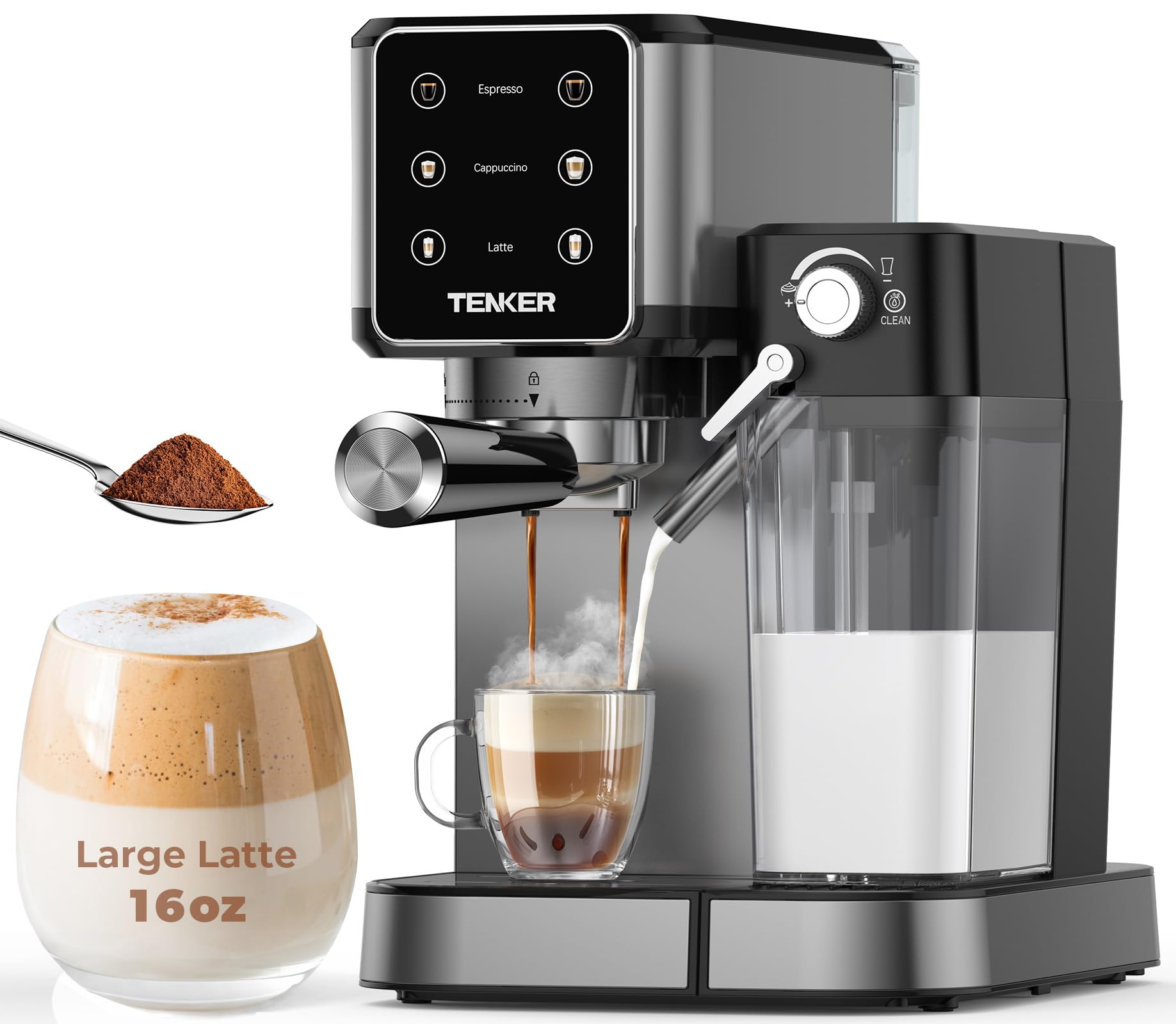 TENKEREspresso Machine 20 Bar, Cappuccino Machine with Automatic Milk Frother, Latte Machine in Stainless Steel Design, 1350W Touchscreen Coffee Maker for Home and Office（Black）