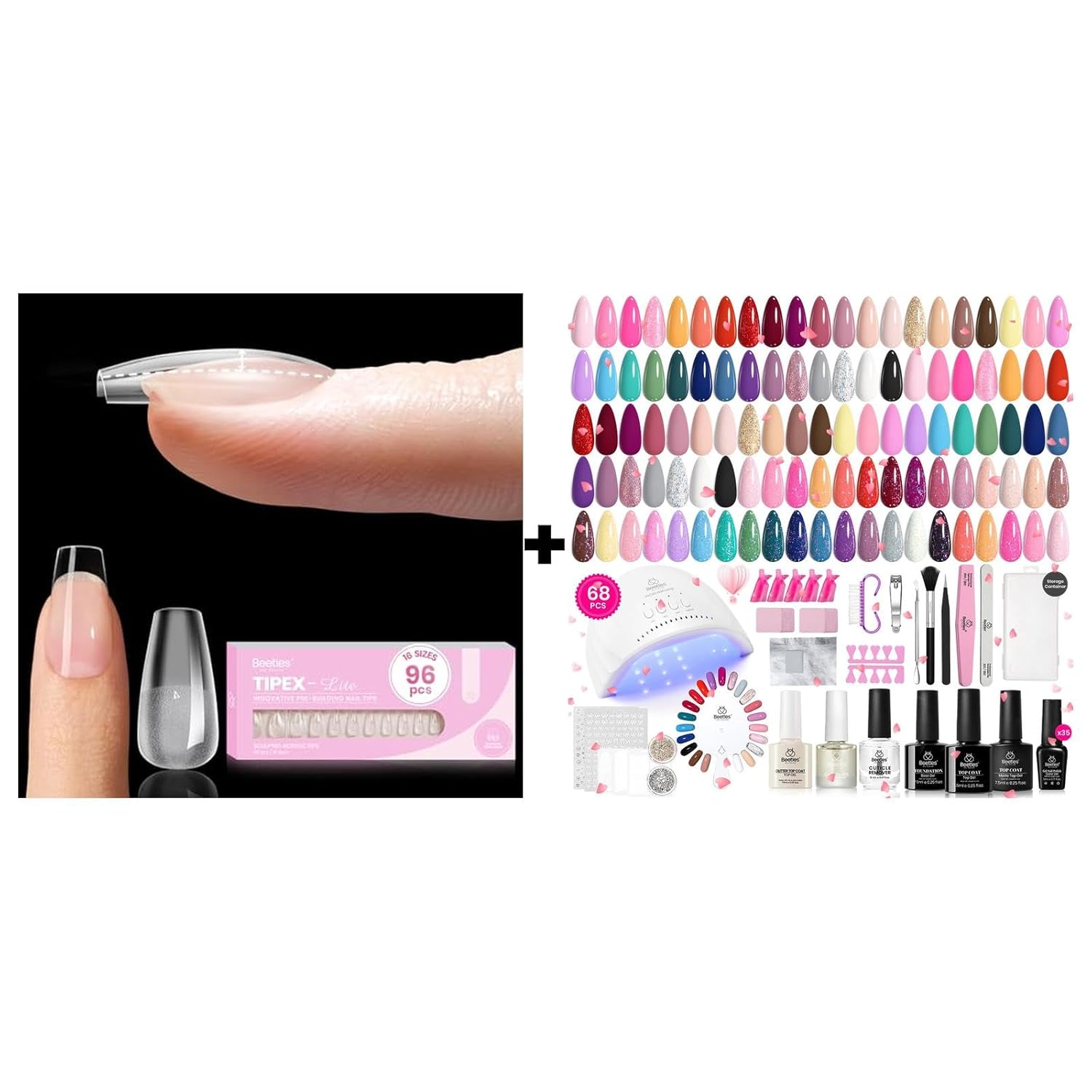 Beetles Tipex Lite Apex Nail Tips, Coffin Short, 96pcs 16 Sizes,Pre-Building Pre-Etched Acrylic Nail Tips with Gel Nail Polish Kit with U V Light - 68 Pcs Set 35 Colors Pink Glitter Nude Gray Gel