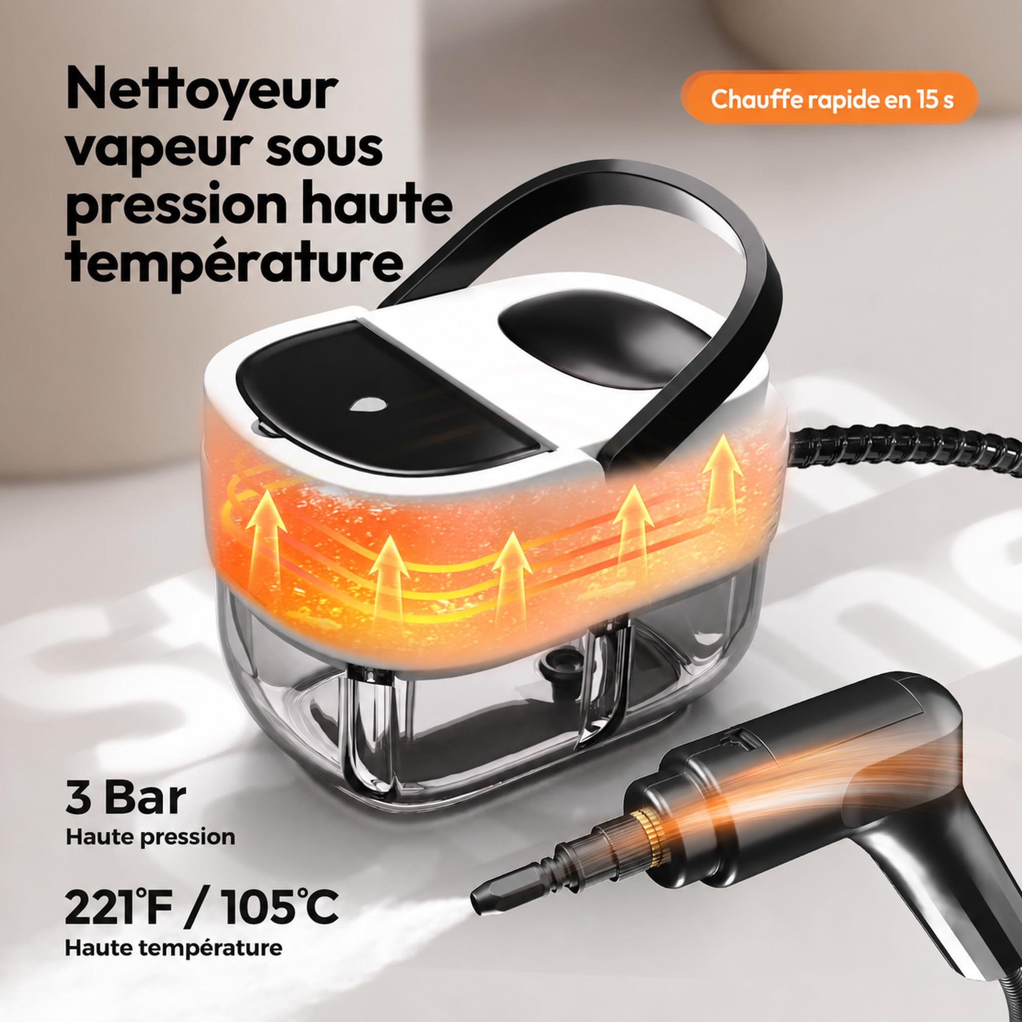 Nettoyeur Vapeur Portatif, Steam Cleaner pour La Maison, Multi-usage Steamer, Poignée Réglable 3 Niveaux, 1600ml Réservoir d'eau, Nettoyeur Vapeur à Main pour Fenêtres, Cuisine, Voiture, Salle de Bain