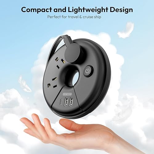 Miniatura 3 de NTONPOWER i-Donut - Regleta de alimentación de viaje con 3 puertos USB (1 USB C), 3 tomas, cable de extensión de enchufe plano de 1 pie para