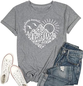 Adventure Awaits T-Shirt Women Outdoor Graphic Tee Shirt Nature Hiking Camping Tee Shirts Travel Shirt