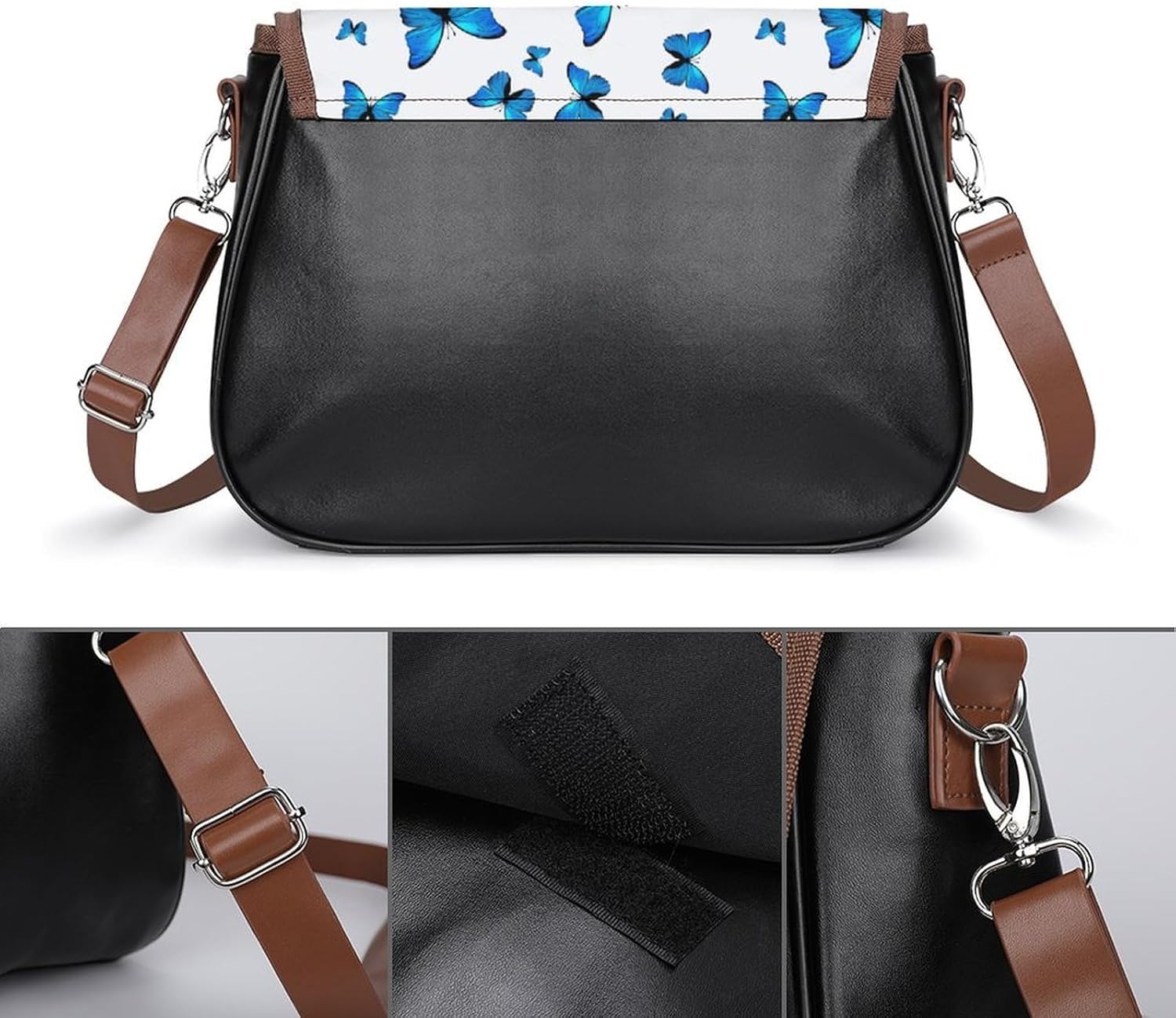 Blue ButterfliesWomen's Faux Leather Crossbody Bag, Waterproof Wrinkle-Resistant Shoulder Bag with Detachable Strap, Large Capacity Casual Handbag, Fashion Daily Purse for Shopping Work Dating, Ideal