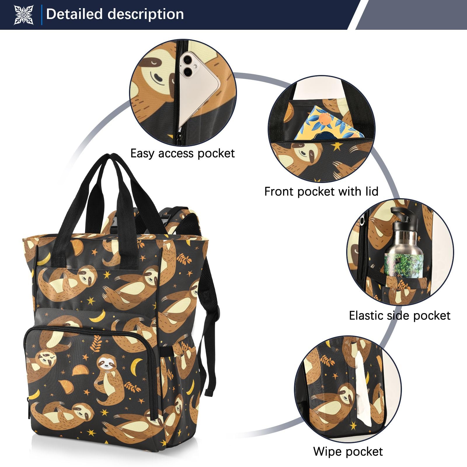 Mnsruu Moon Night - Borsa per pannolini per bambini, con bradipo grande, impermeabile, da viaggio, per mamme e papà
