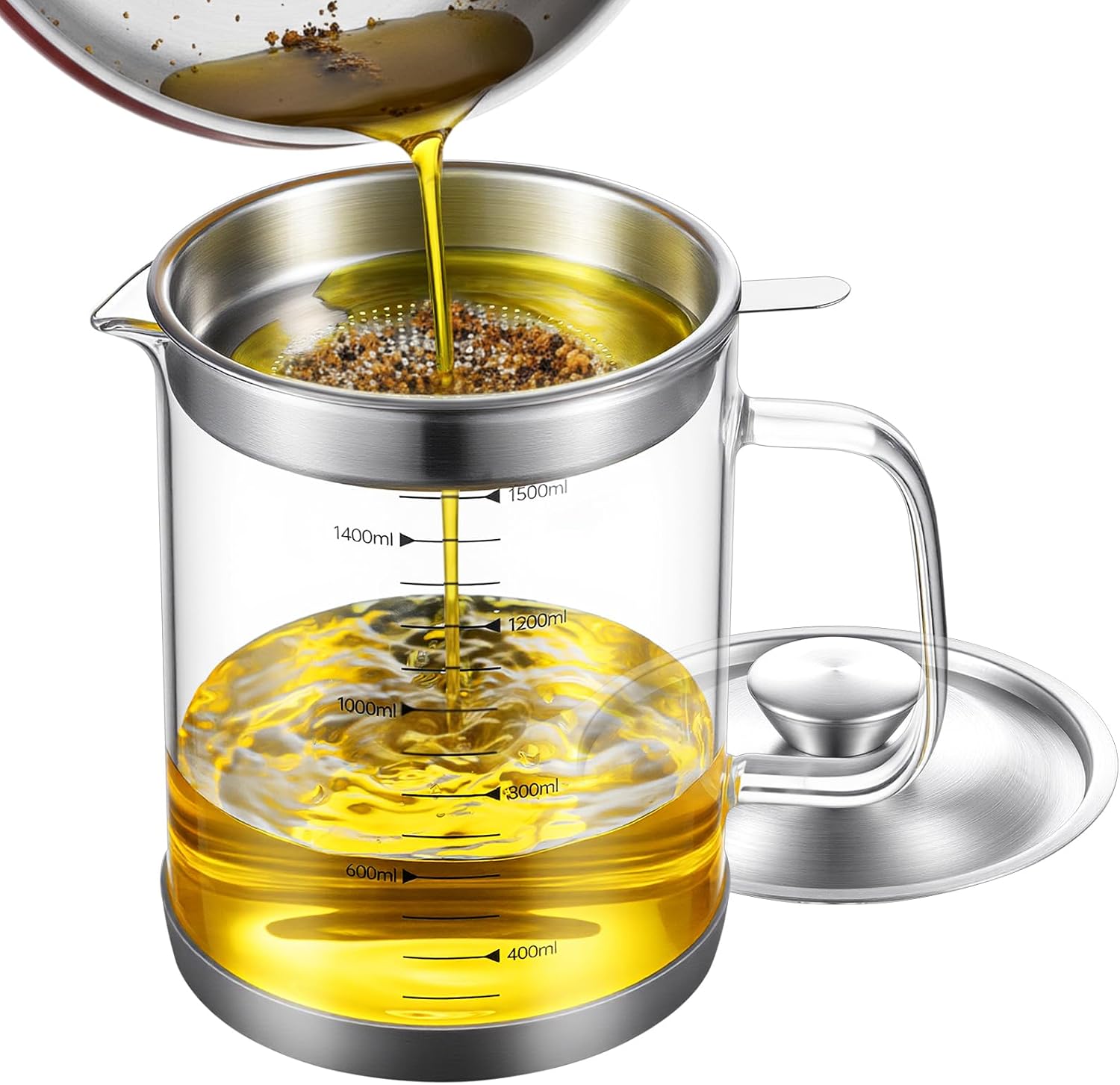 Glass Bacon Grease Container with Strainer, 1.5L/50oz Cooking Oil Storage Can Food Strainer with Stainless Steel Filter, Lid & Non-slip Silicone Pad for Storing Fats Frying Oil Cooking Grease