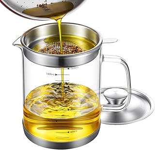Glass Bacon Grease Container with Strainer Cooking Oil Storage Can Food Strainers with Stainless Steel Filter Lid Silicone Nonslip Pad for Storing Fats Frying Oil Cooking Grease(1.5l / 50oz)