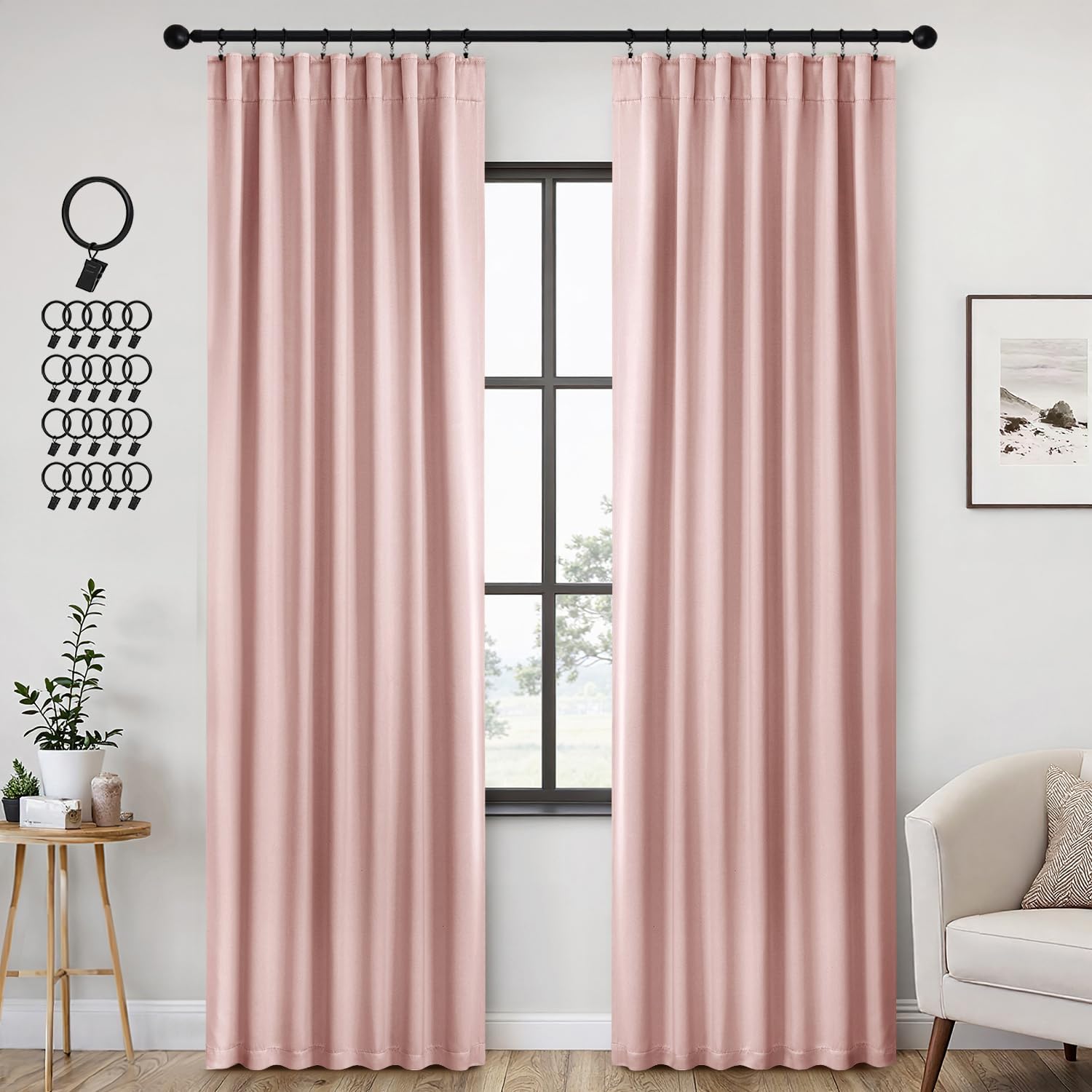 ANRODUO Rod Pocket and Back Tab Pleated Blackout Curtains with Hooks, Rings, Light Pink Curtains 84 Inches Long 2 Panels, Thermal Insulated Room Darkening Living Room Bedroom Curtain, 52x84 Inches