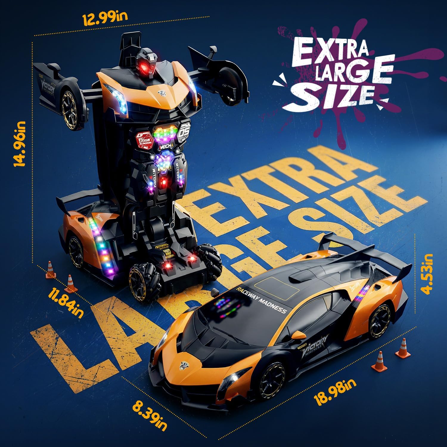 Holyton Large 1:10 Gold Transforming RC Car, Gesture Control RC Car Robot with One-Button Transform, LED Lights, Music, Spray, 2 Batteries, Robot car Birthday Present for Boys Ages 5-12