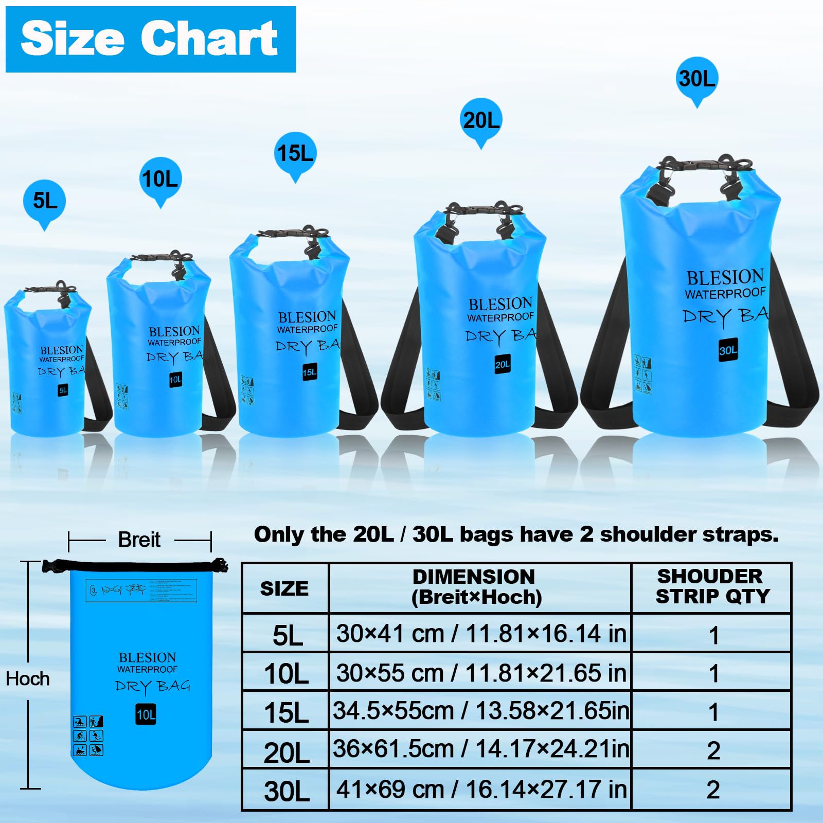 BLESION Dry Bag 5L/10L/15L/20L/30L wasserdichte Tasche Verstellbarer Schultergurt, Wasserdichter Rucksack für Kajakfahren, Angeln, Schwimmen, Wandern Reisen