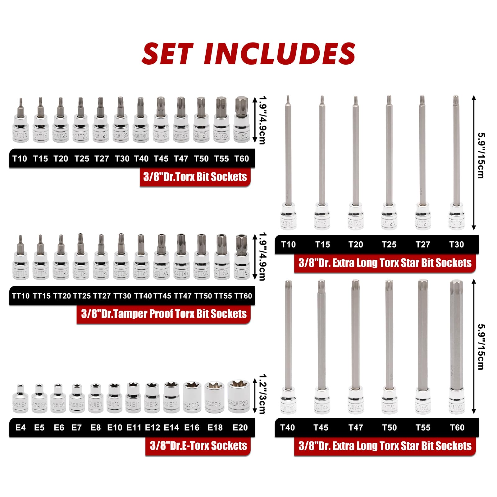 CASOMAN Drive Master - Set di 48 chiavi a bussola Torx da 3/8" e bussole Torx esterne, extra lunghe, acciaio CR-V e S2 da 15,2 cm