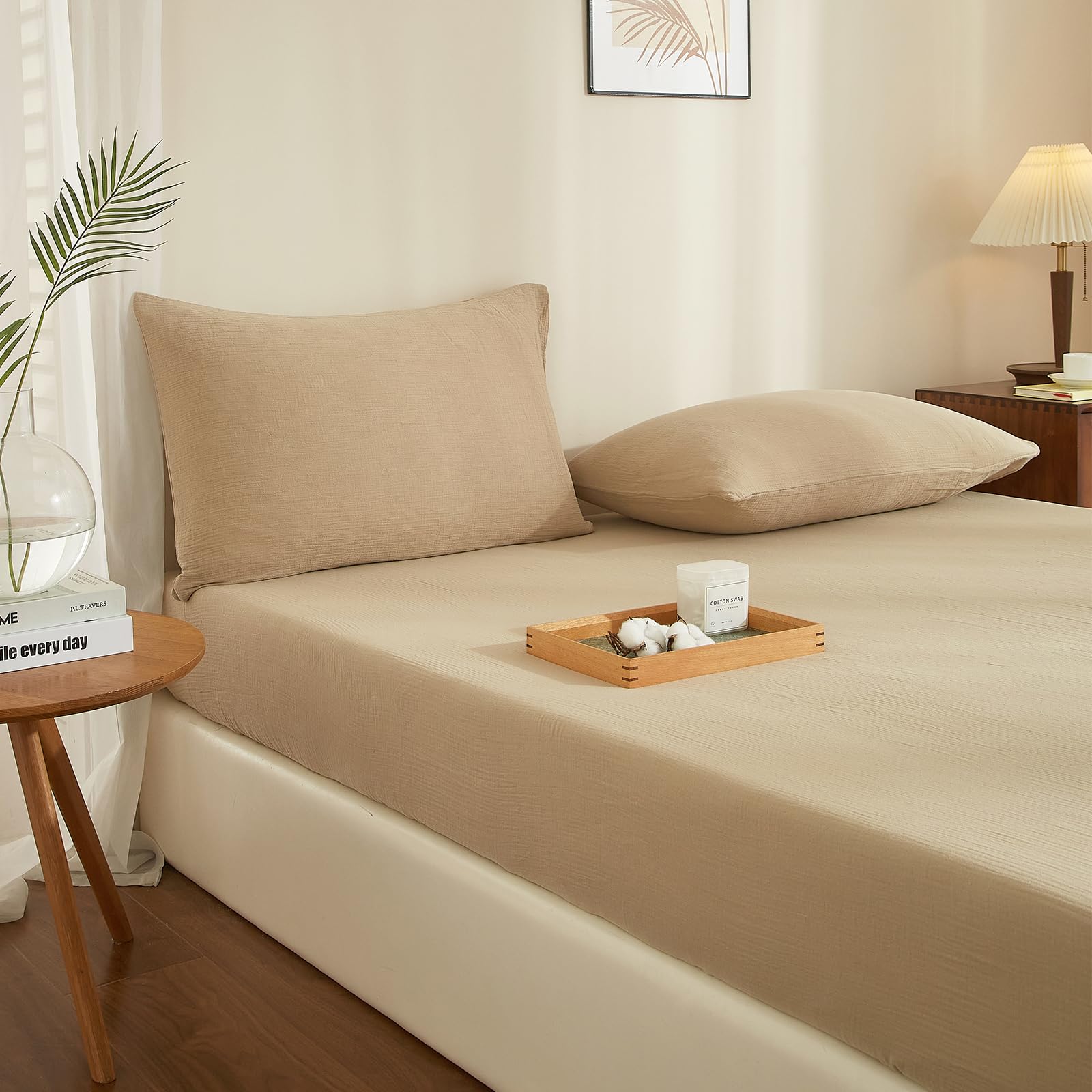 Boqingzhu Sábana bajera ajustable de algodón de muselina, 90 x 200 cm, color beige, caqui, marrón, transpirable, suave y agradable para la piel, para colchón de hasta 30 cm