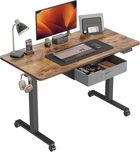CubiCubi Escritorio eléctrico de pie de 48 x 24 pulgadas con cajón, escritorio eléctrico de pie de altura ajustable, escritorio de oficina en casa,
