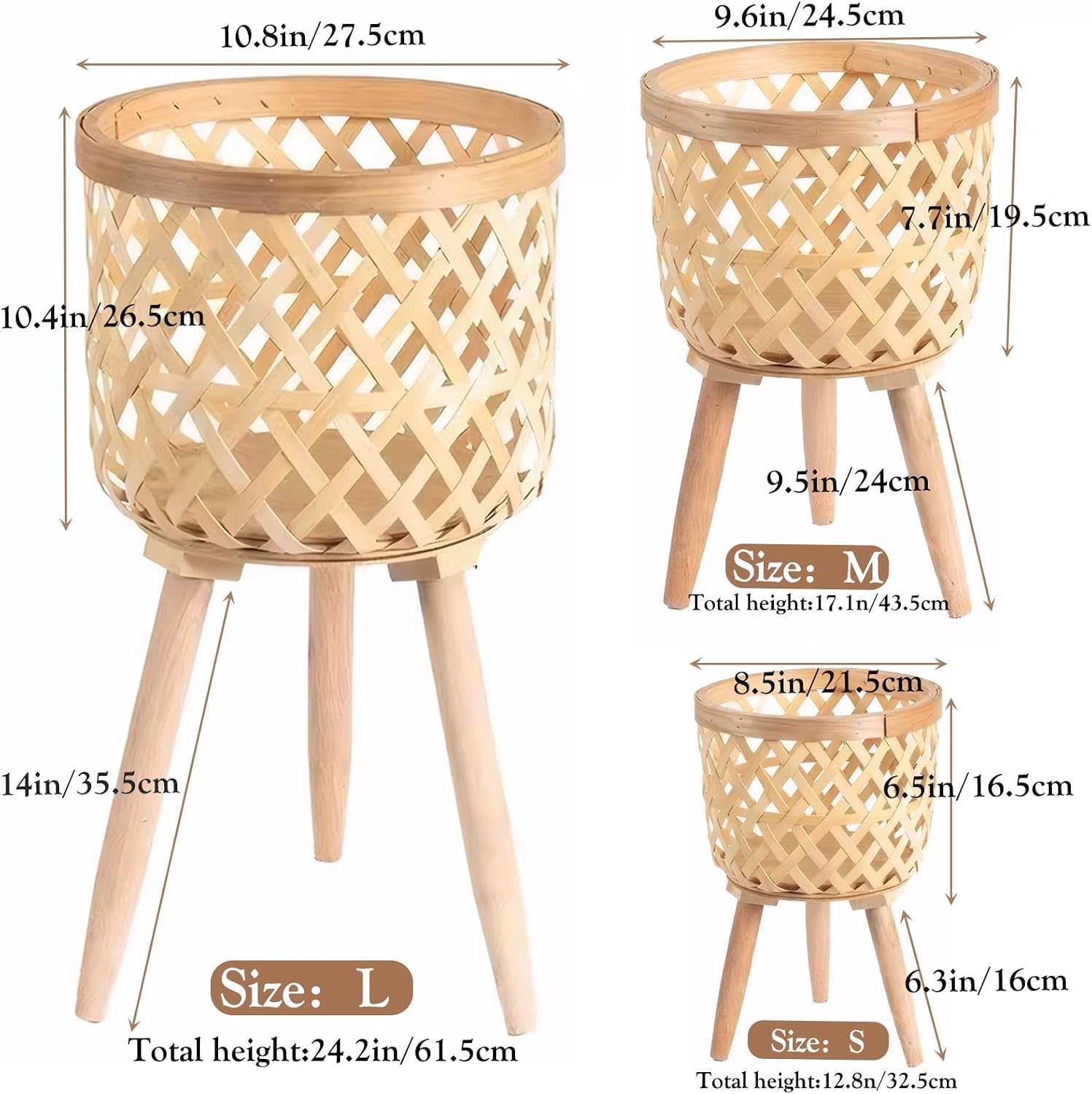 Boho rattan plant stand set of 2/3 – handwoven tall elevated wicker plant baskets for indoor plants, mid-century modern wooden planter holder with tripod legs,no-tool assembly，apartment gardening， farmhouse home decor, ideal gift for houseplant lovers image 4