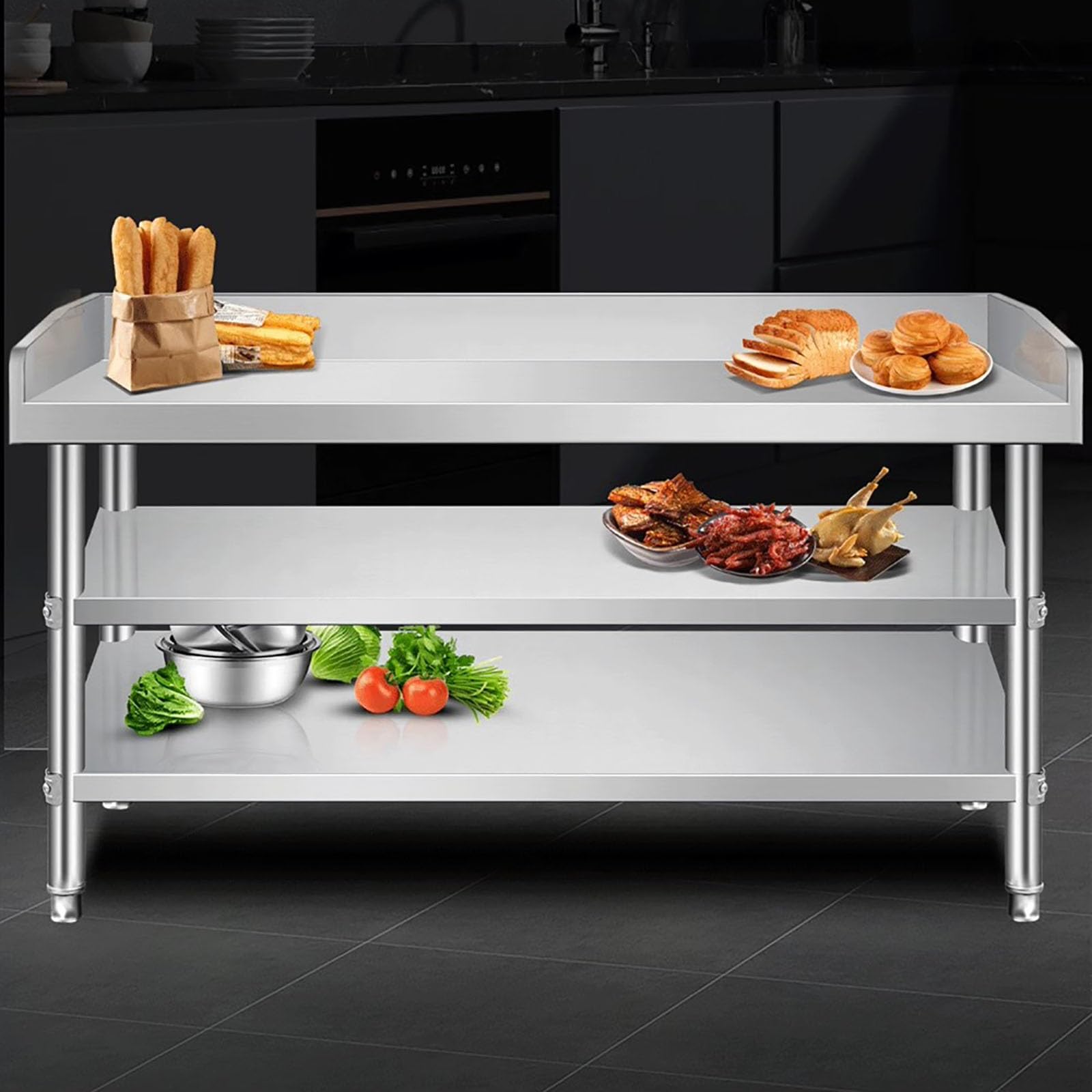 Tavolo in Acciaio Inox,Tavolo da Lavoro in Acciaio Inox,Piedini Regolabili, Tavolo per la Preparazione degli Alimenti,stoccaggio a Doppio Strato, Design della Custodia su Tre Lati.