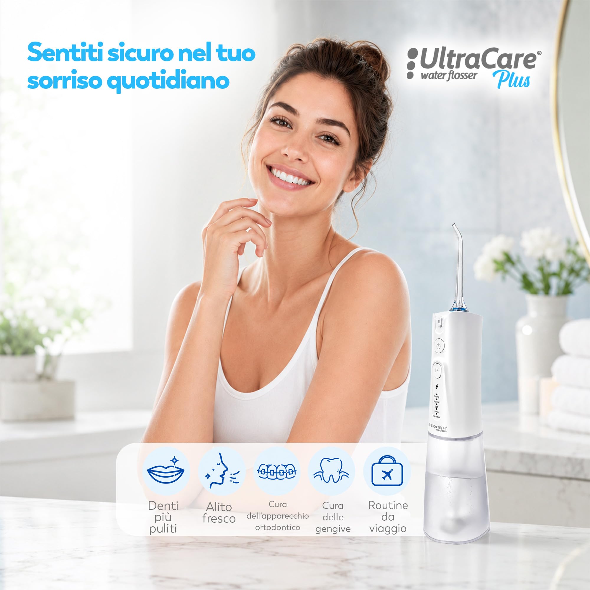Ultracare Plus - Irrigatore orale professionale con 5 modalità, 8 ugelli, serbatoio acqua da 250 ml, ricaricabile tramite USB, borsa da viaggio inclusa (bianco)