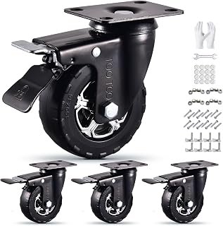 4 Inch Heavy Duty Casters Set of 4 all swivel with brakes, 2200Lbs Capacity, Silent Swivel with Brake, Elastic Rubber Locking Wheels, Industrial Plate Castors Ideal for Carts Furniture and Workbenches