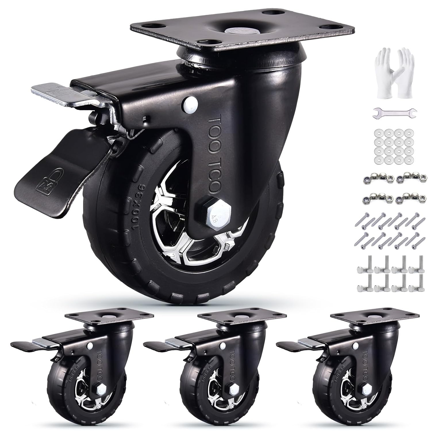 4 Inch Heavy Duty Casters Set of 4 all swivel with brakes, 2200Lbs Capacity, Silent Swivel with Brake, Elastic Rubber Locking Wheels, Industrial Plate Castors Ideal for Carts Furniture and Workbenches
