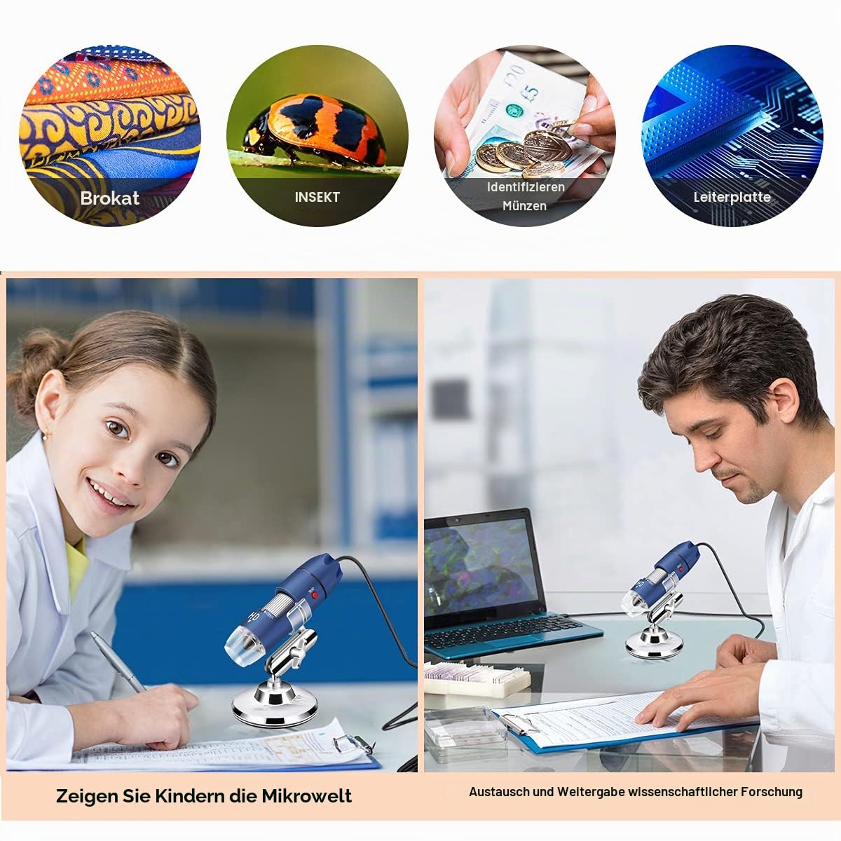 Jiusion 2K HD 2560x1440P USB Digitalmikroskop für Android Handy und Tablet Windows Mac Linux, 40X bis 1000X Vergrößerung Mini Endoskop Handheld Kamera für Coin Facial Skin Scalp FA
