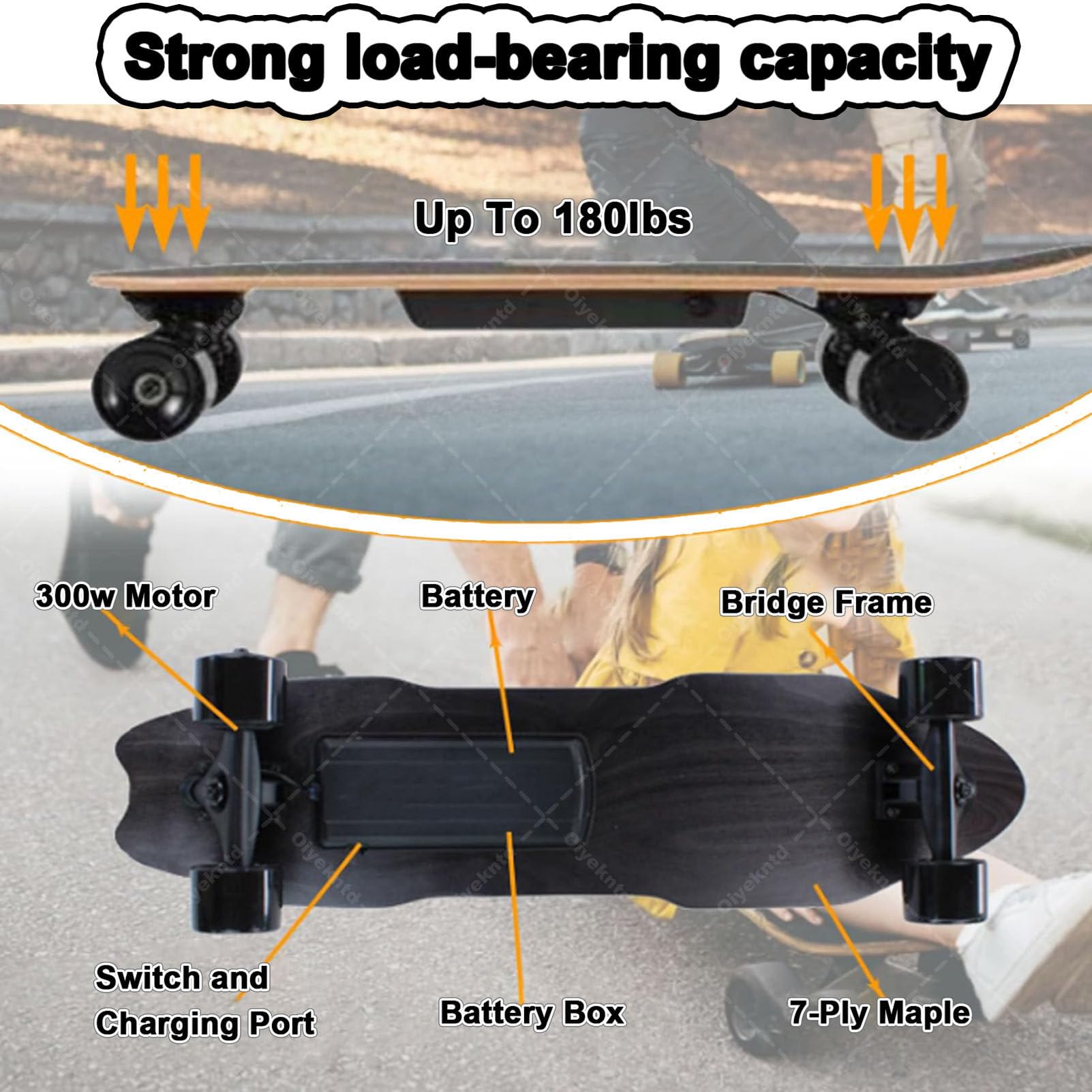 Elektrisches Skateboard mit Fernbedienung, wasserdichtes Longboard-Skateboard, 7-lagiges Ahornholz, 15 km Reichweite, 25 km/h Höchstgeschwindigkeit, Pendler-Longboard für Anfänger E
