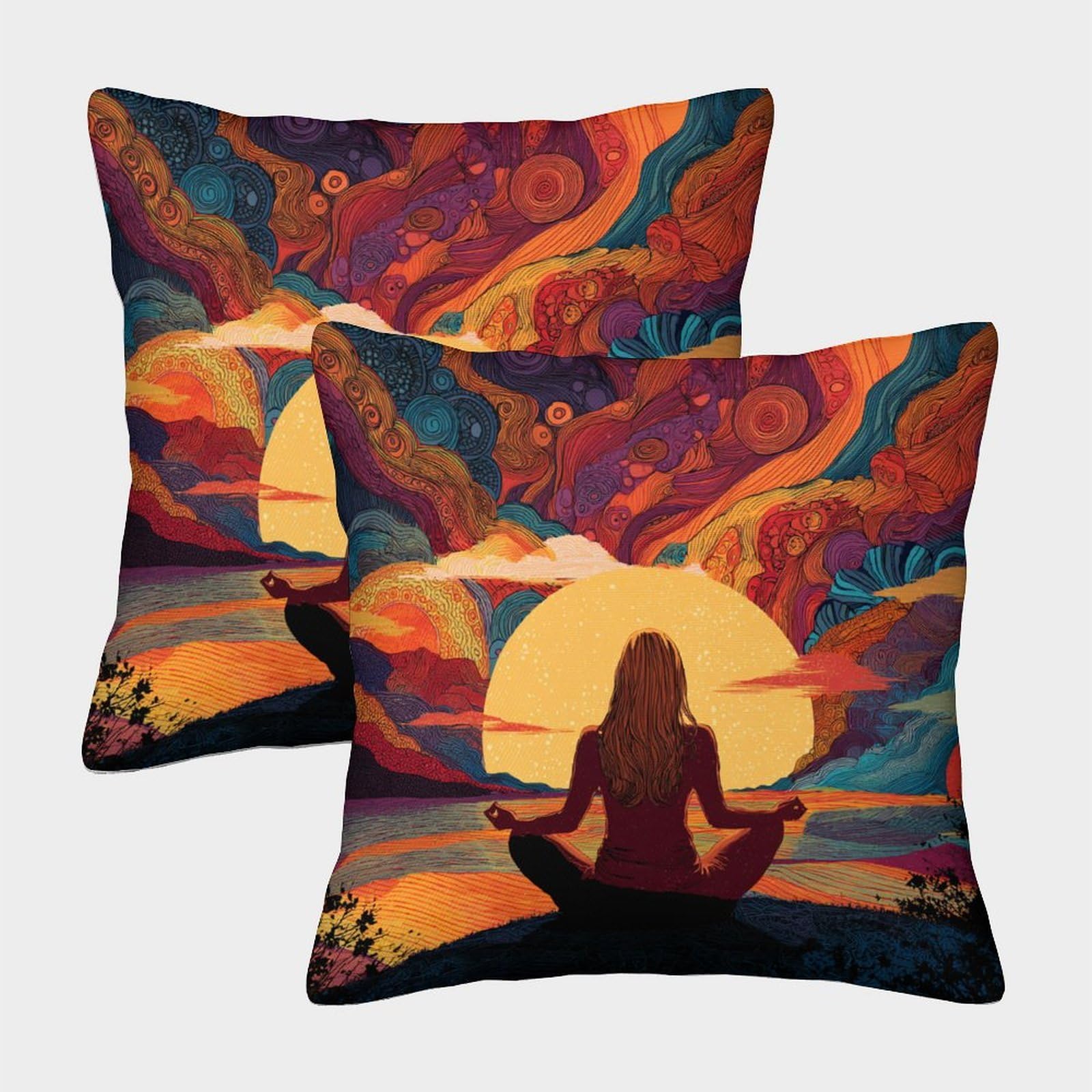 kaiyun 2 Pack Yoga Women at Sunrise Luxury Digital Printed Soft 3D Themed Square Cushion Cover 50x50cm